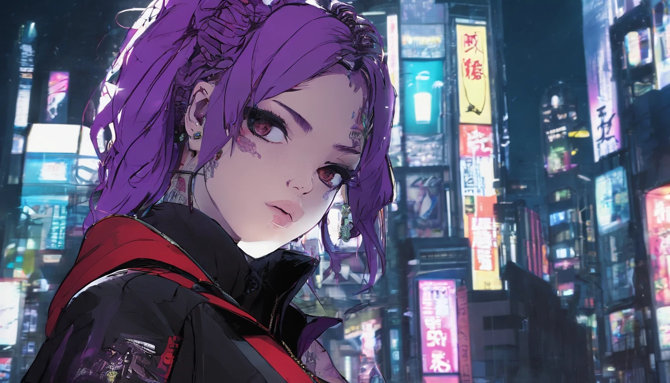 japanaese girl,pale skin,beatiful face(purple hair)red jacket,Tokyo at night, with Cyberpunk style,Japanese streetwear,Tokyo Fashion,In a Cyberpunk 2 jacket 0 7 7,Full-length,attractive pose,Bottom view
