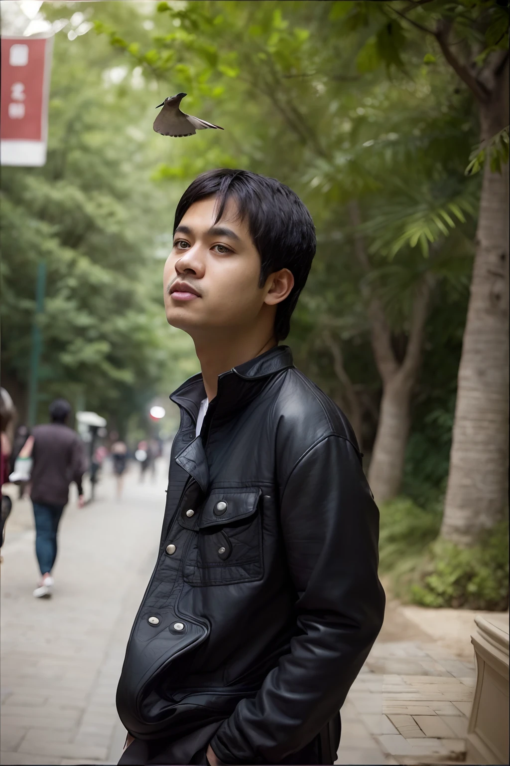 there is a man standing on the street with a bird flying above him, portrait shot 8 k, portait photo profile picture, with accurate face, casual photography, nivanh chanthara, in front of a forest background, photo taken with canon 5d, profile portrait, bokeh in the background only, south east asian with round face, wide - angle portrait