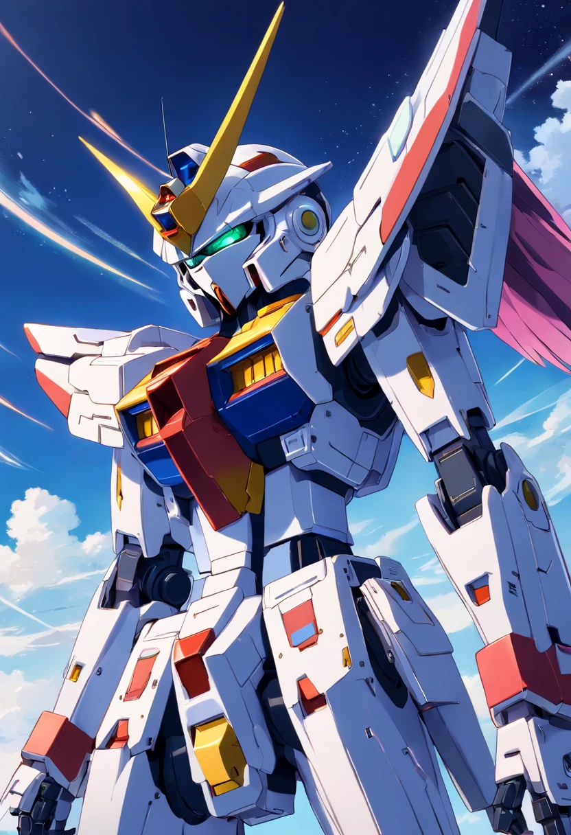 a close up of a robot standing on a surface with a sky background, on a gundam, gundam robot, an anime large mecha robot, super robot wars, gundam is windmill shaped, mobile suit gundam, gundam, extreme gundam, modern mecha anime, gundam style, barbatos gundam, mobile suit, mecha anime, gundam armor, gundam wing style armor