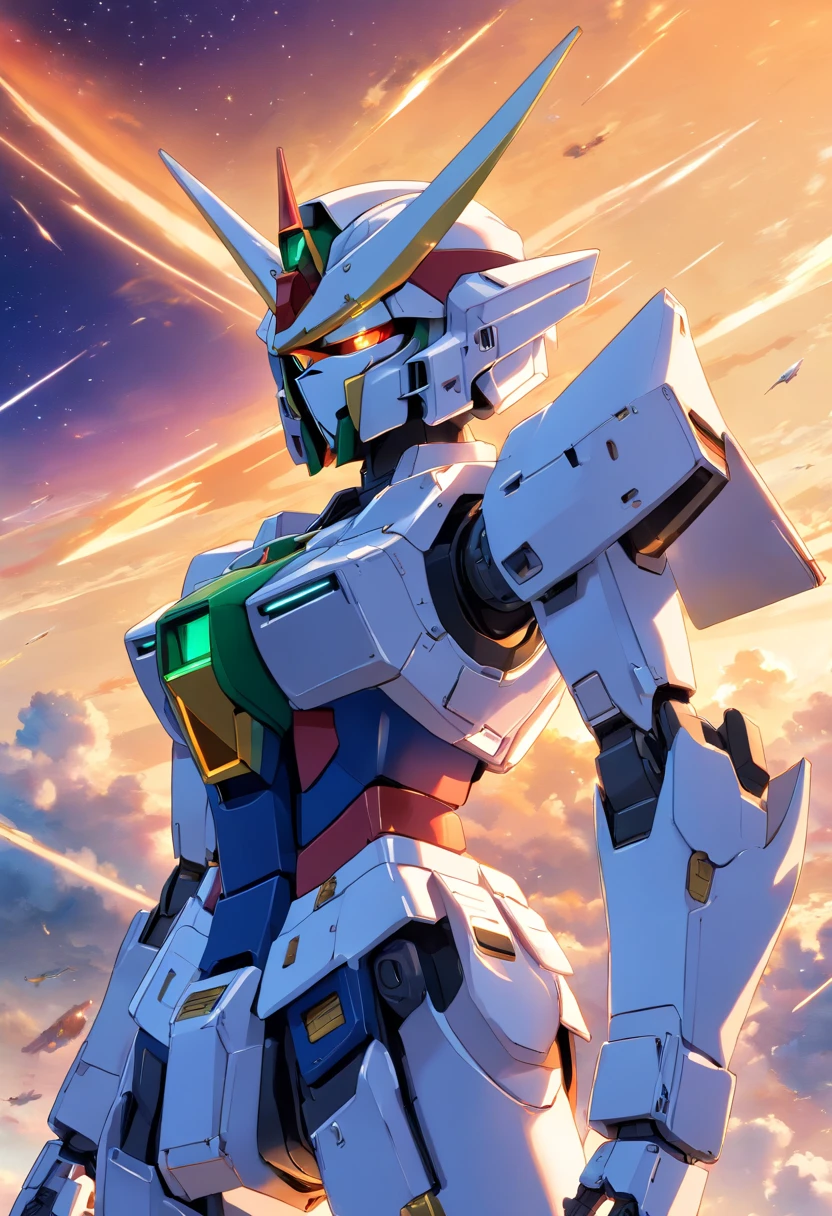 a close up of a robot standing on a surface with a sky background, on a gundam, gundam robot, an anime large mecha robot, super robot wars, gundam is windmill shaped, mobile suit gundam, gundam, extreme gundam, modern mecha anime, gundam style, barbatos gundam, mobile suit, mecha anime, gundam armor, gundam wing style armor