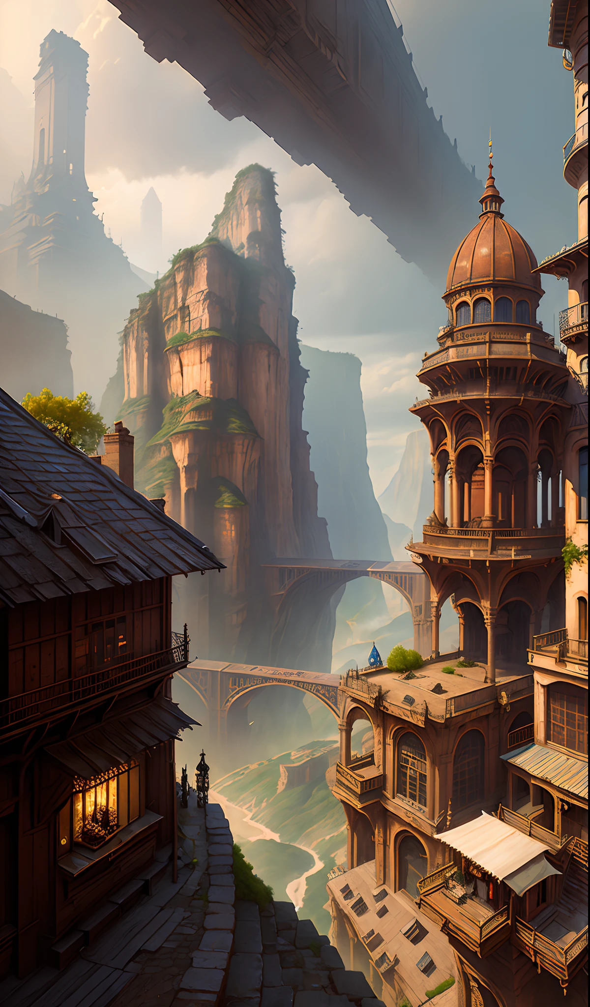 ((masterpiece)),((best quality)),((high detial)),((realistic,)) Industrial age city, deep canyons in the middle, architectural streets, bazaars, Bridges, rainy days, steampunk, European architecture