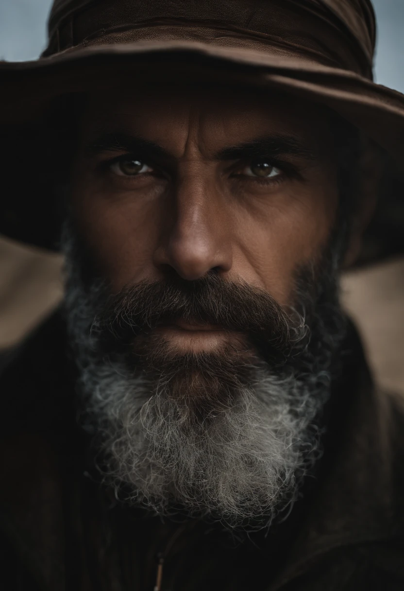 Um retrato de um mago, careca, barbudo, enrugado, envelhecido, com olhos penetrantes, rosto detalhado, detalhes altos, fotografia, studio dark, luz de aro, Nikon D850, 50mm, f/1.4, olhos vermelhos, aura maligna, fundo em chamas, desfoque