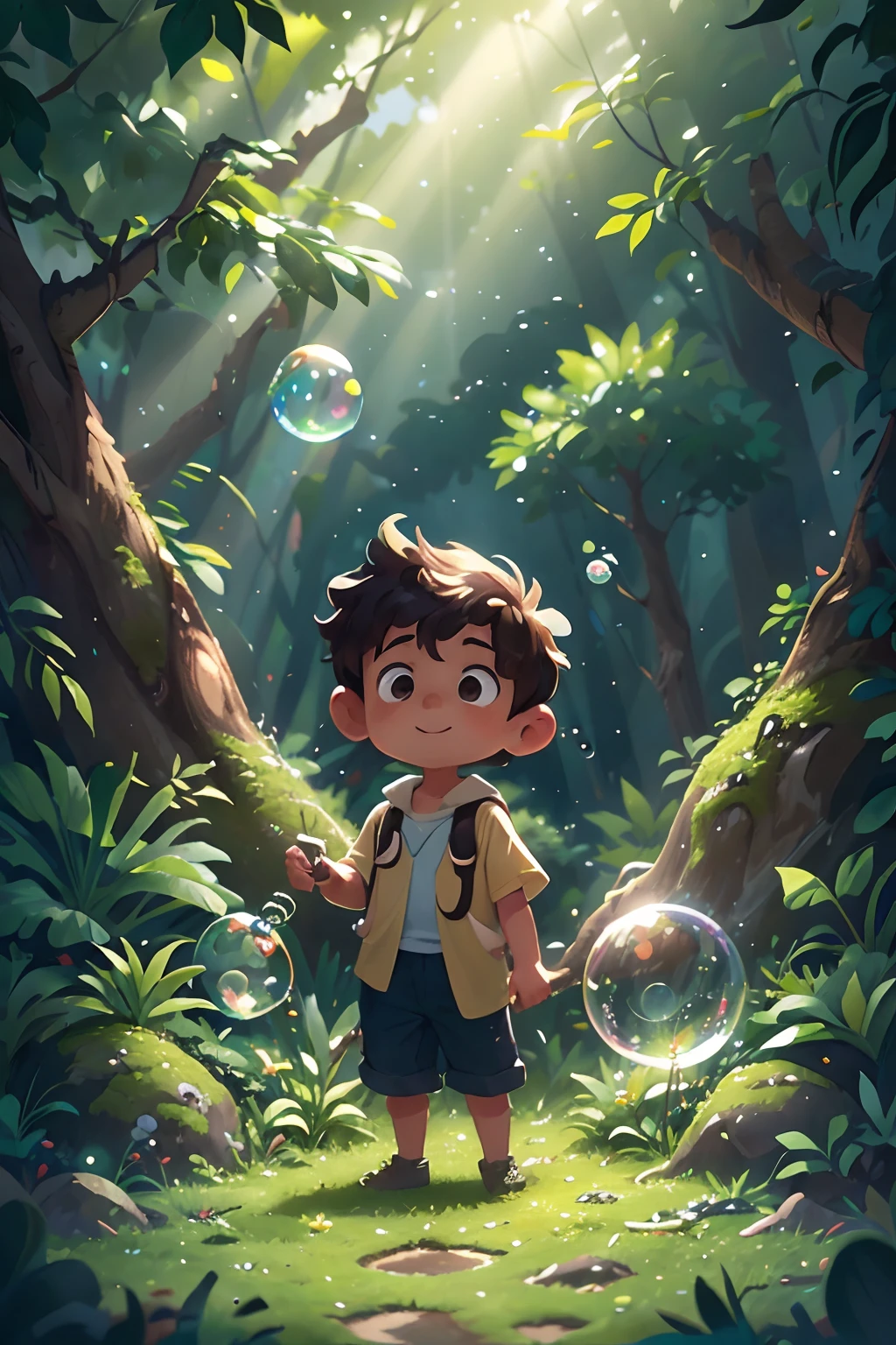(Um na floresta, shiny soap bubble),fundo detalhado da floresta,Weak sunlight filtering through the trees,folhas verde-esmeralda,gotas de orvalho cintilantes nas folhas,alto,ancient trees,sturdy tree trunks,dossel grosso de folhas,lush undergrowth,peaceful and serene atmosphere,Boy wearing a colorful summer outfit,cabelos castanhos cacheados,innocent and cheerful expression,segurando uma varinha,blowing a large, vibrant soap bubble,iridescent colors dancing on the surface of the bubble,efeito cintilante e cintilante,Gentle breeze carrying the bubble through the forest,iluminado pela luz do sol,Reflexos da floresta na bolha,magical and dreamlike environment,whisper of the wind through the leaves,delicate and ephemeral nature of the soap bubble.