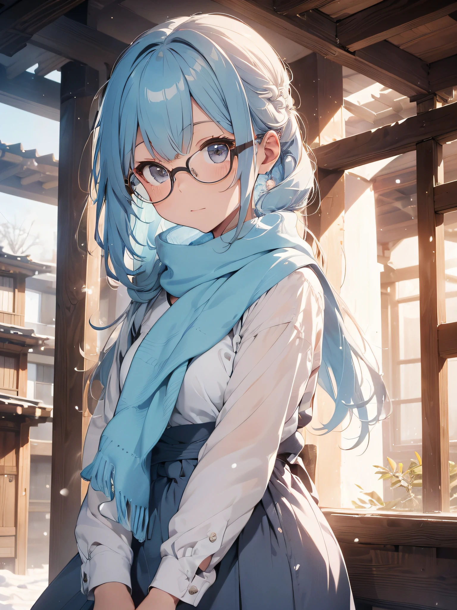 Girl with glasses, light blue and light yellow hair, on the balcony of her house observing the landscape, wearing a large white scarf, cold smoke coming from her mouth, snow, Winter, Meguro River, photography, (ultra-realistic), { extremely detailed 8k CG unity wallpaper}, expansive landscape photography, (a low view that prioritizes the elegance of scenery details, wide open field view), (low angle shot), (high light: 1, 0), (low light: 1.0), (warm light source: 1.5), complex details, (iridescent colors: 1.7), (bright lighting), (atmospheric lighting), dreamy, elegant, magical, solo1