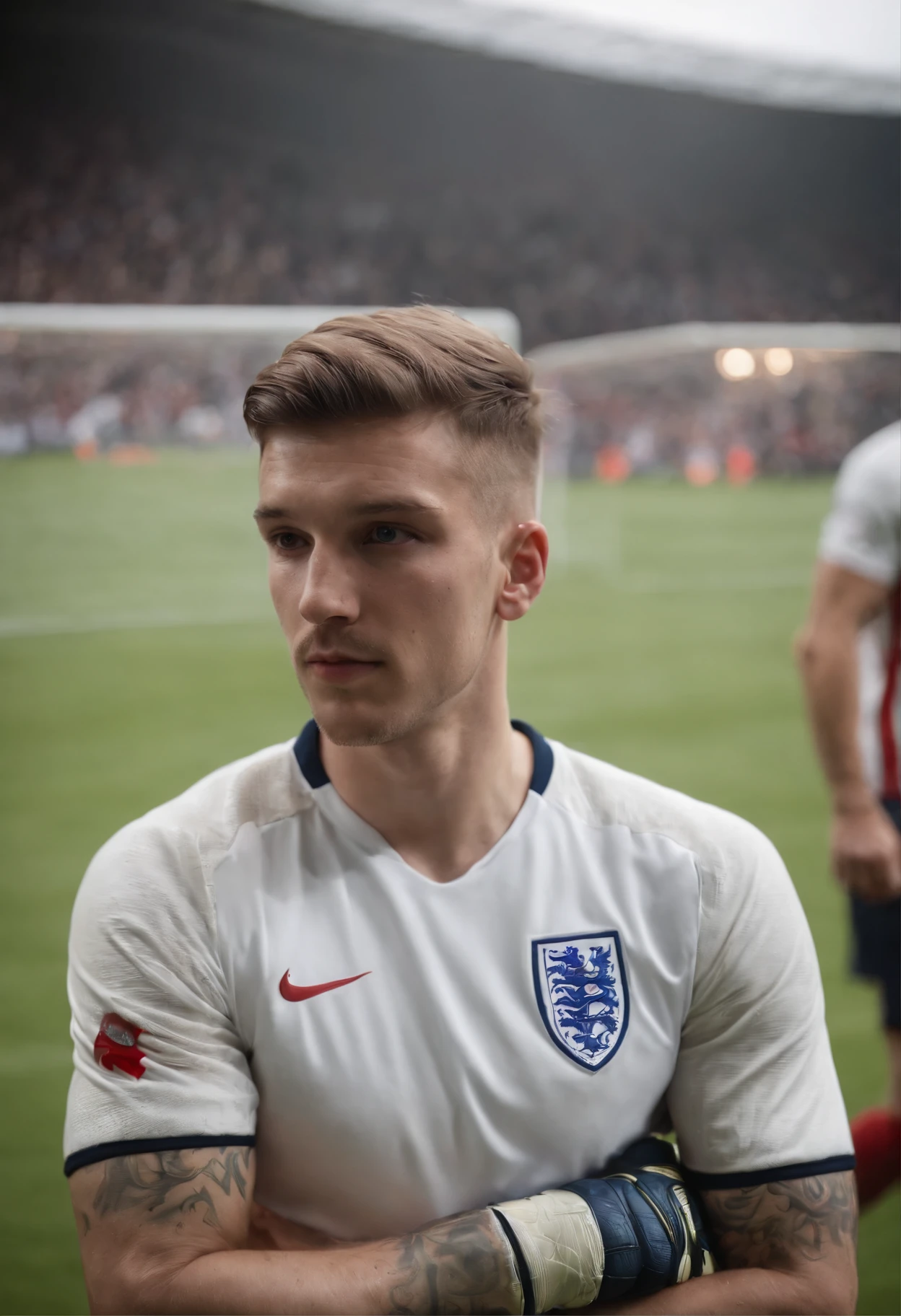 Man Soccer Player England Goalkeeper, England shirt, 20 year old man, arm tattoos, Jay Tyler