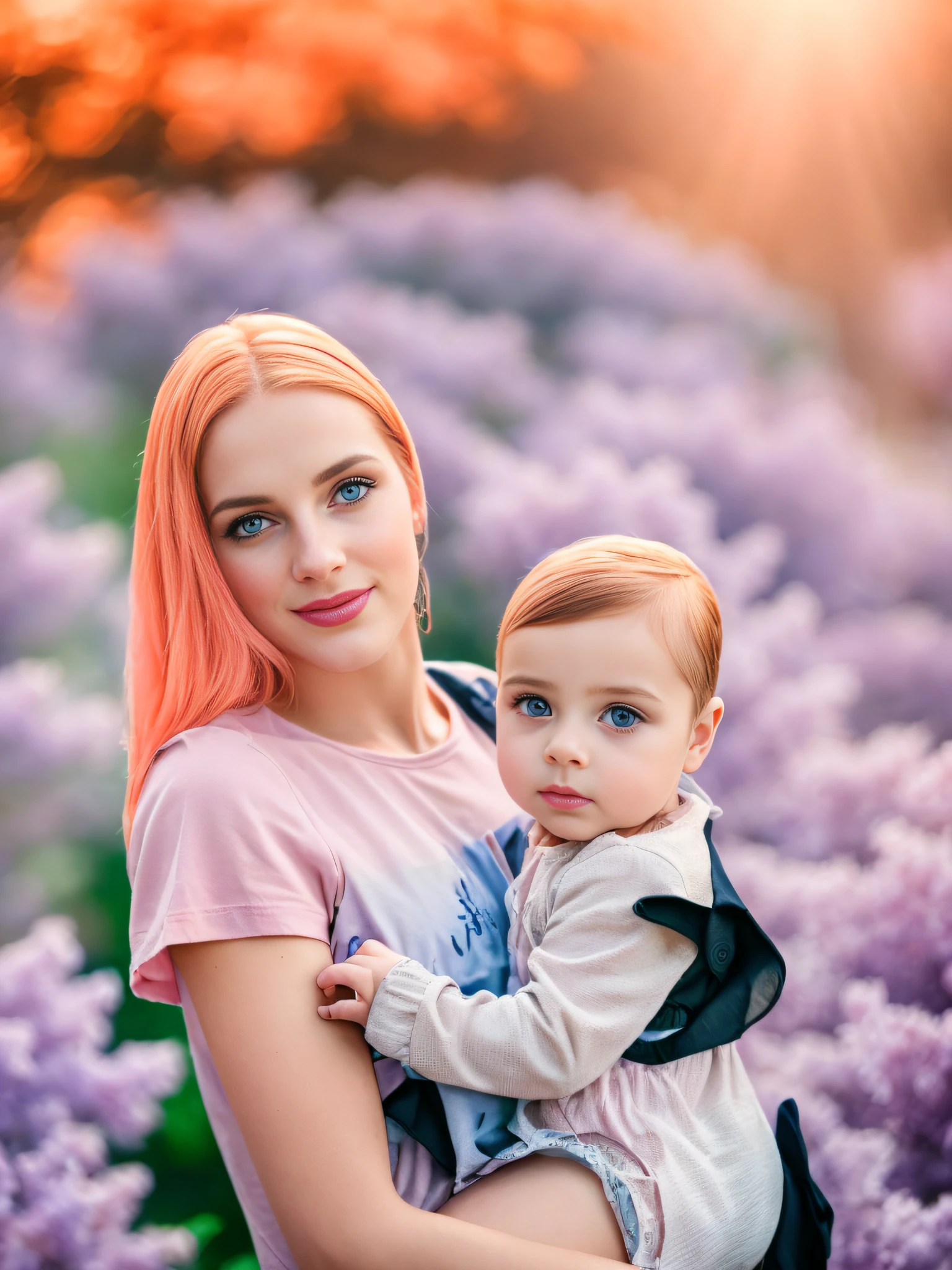 Beautiful brunette with baby in her arms, Woman with black hair dressed in a lilac T-shirt, analog, Nikon Z 85mm, award-winning glamour photograph, ((Best Quality)), ((Masterpiece)), ((Realistic)), Flower garden background, Petite, The child has orange hair, Highly detailed, sharp-focus, Spring flowers bloom, god rays, Manual model, Stunning blue eyes, tender, Innocent, (pink tint: 0.5), (blue tint: 0.5), (White tint: 0.5), hight resolution, highly detailed facial features, perfect ???????, Correct ???????, high detail, Smooth, aesthetic, Extremely detailed, Photorealistic, Realistic, postprocessed, max detail, roughness, Real life, ultra realistis, photo realism, photografic, 8K UHD, Evening sun