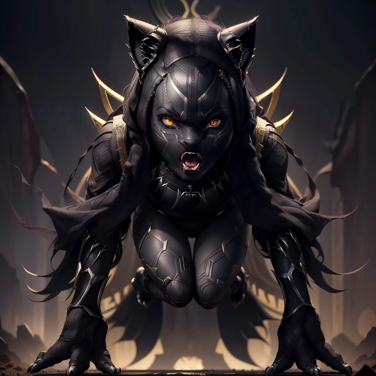Black Panther Monster Attacking Prey、A woman who combines creepiness and beauty、(femele:0.2 | Black panther:1.8)、Ferocious look、Wide open mouth、Sharp fangs、Golden Ratio Beauty Face、Symmetrical beautiful face、The limbs are the feet of a black panther、(Full body:1.5)