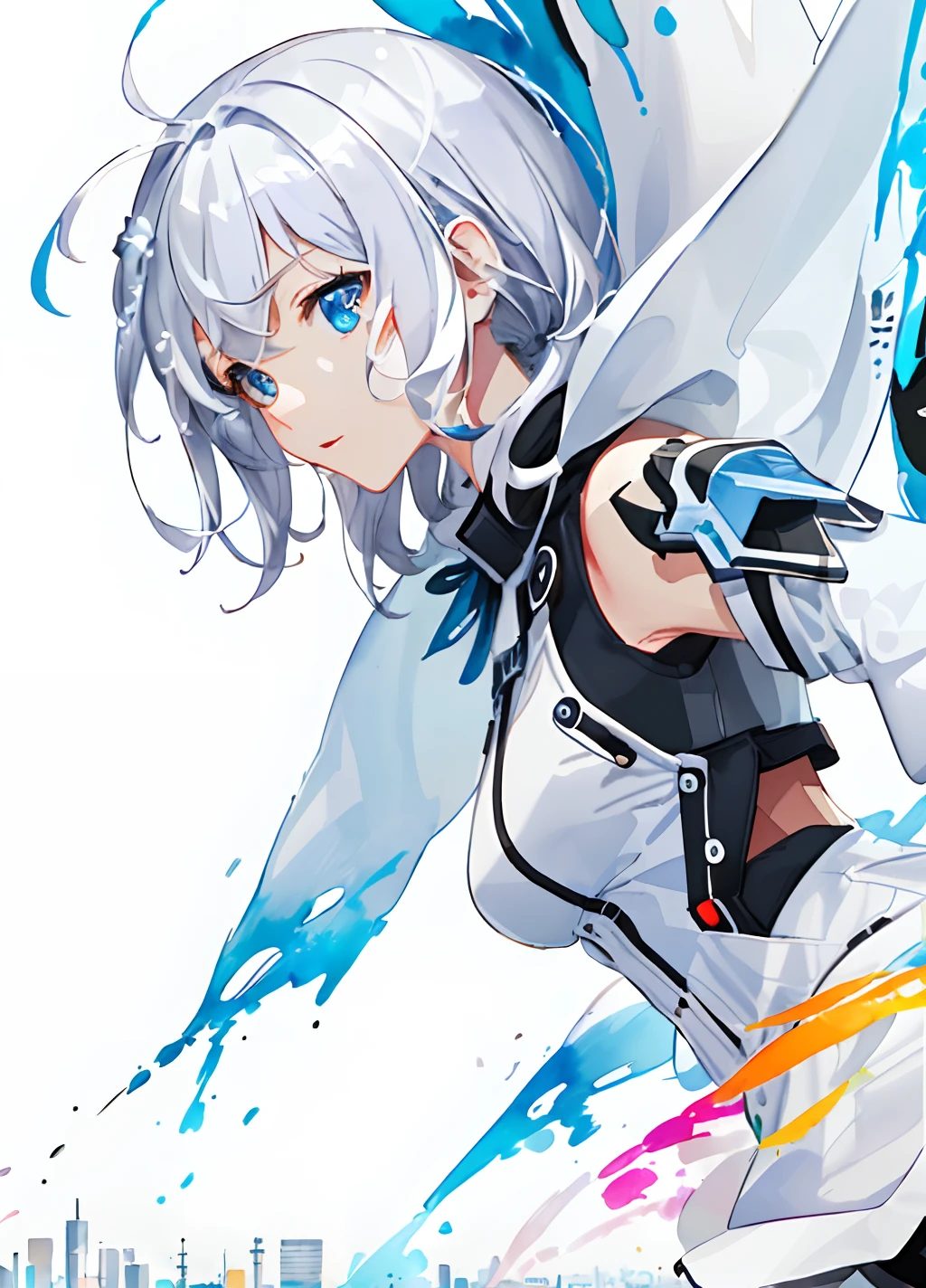 (white background:1.4), original,(illustration:1.1),(best quality),(masterpiece:1.1),(extremely detailed CG unity 8k wallpaper), (colorful:1.2) (ink splashing),(color splashing),((watercolor)),
(city background, high buildings), clear sharp focus,
colorwater,