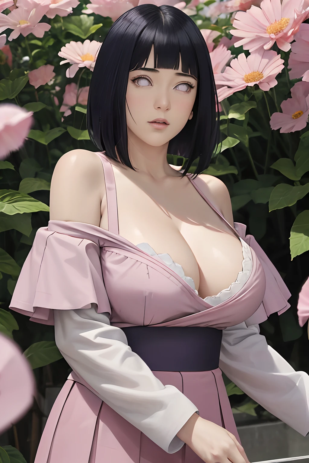 (big tits), masterpiece, absurdres, hinata\(boruto\), 1girl, solo,mature female, off-shoulder bra, high waist short skirt, looking at viewer, (falling petals), perfect composition, detailed lips, big breast, beautiful face, body propotion, blush, (pink lips), long hair, purple eyes, soft gaze, super realistic, detailed, photoshoot, realistic face and body,