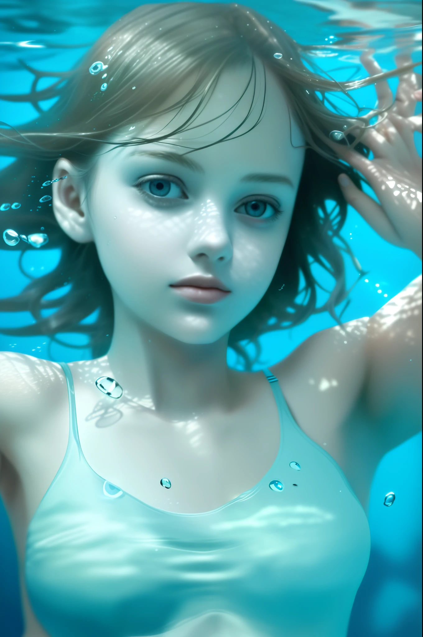 Masterpiece, photograph realistic, face portrait of 1girl, swimming underwater, White top, Bare shoulders, Beautiful girl face, natural detailed hair movement underwater, airbubble, vibrant, Realistic, Dramatic, Sharp focus, 8K full body
