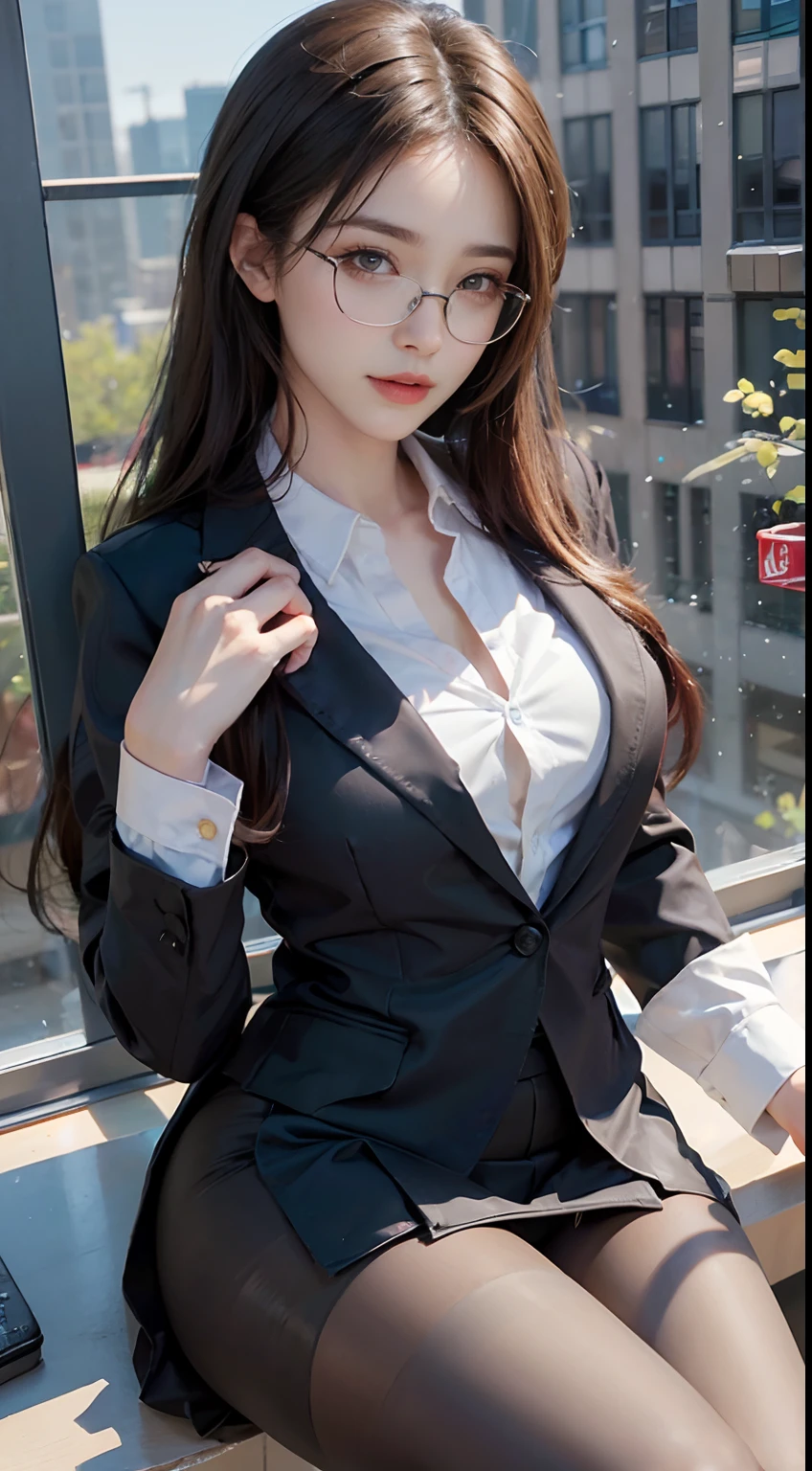 A woman of about 40 poses in front of an office window,, shot from above, White skin, Shiny complexion, wearing a blazer,black lence stockings, Lace lingerie big breasts. high-heels, Hair is clean and tidy. Her face is delicate, Show beautiful eyes, Lips, and perfect fingers. The woman has a completely anatomically correct body. She stood in a luxurious office,There are some greenery,A watch,.Wear rings and glasses Wear pantyhose、 Girl in shirt,, Business clothes, wearing black suits, Wear a shirt and skirt, Woman in a suit, Business attire, business outfit, RAW photo, (8K、top-quality、tmasterpiece:1.2)、(intricately details:1.4)、(Photorealsitic:1.4)、octane renderings、Complex 3D Rendering Ultra Detail, Studio soft light, rim lights, vibrant detail, super detailing, realistic skin textures, Detal Face, Beautiful detail eyes, very detailed
