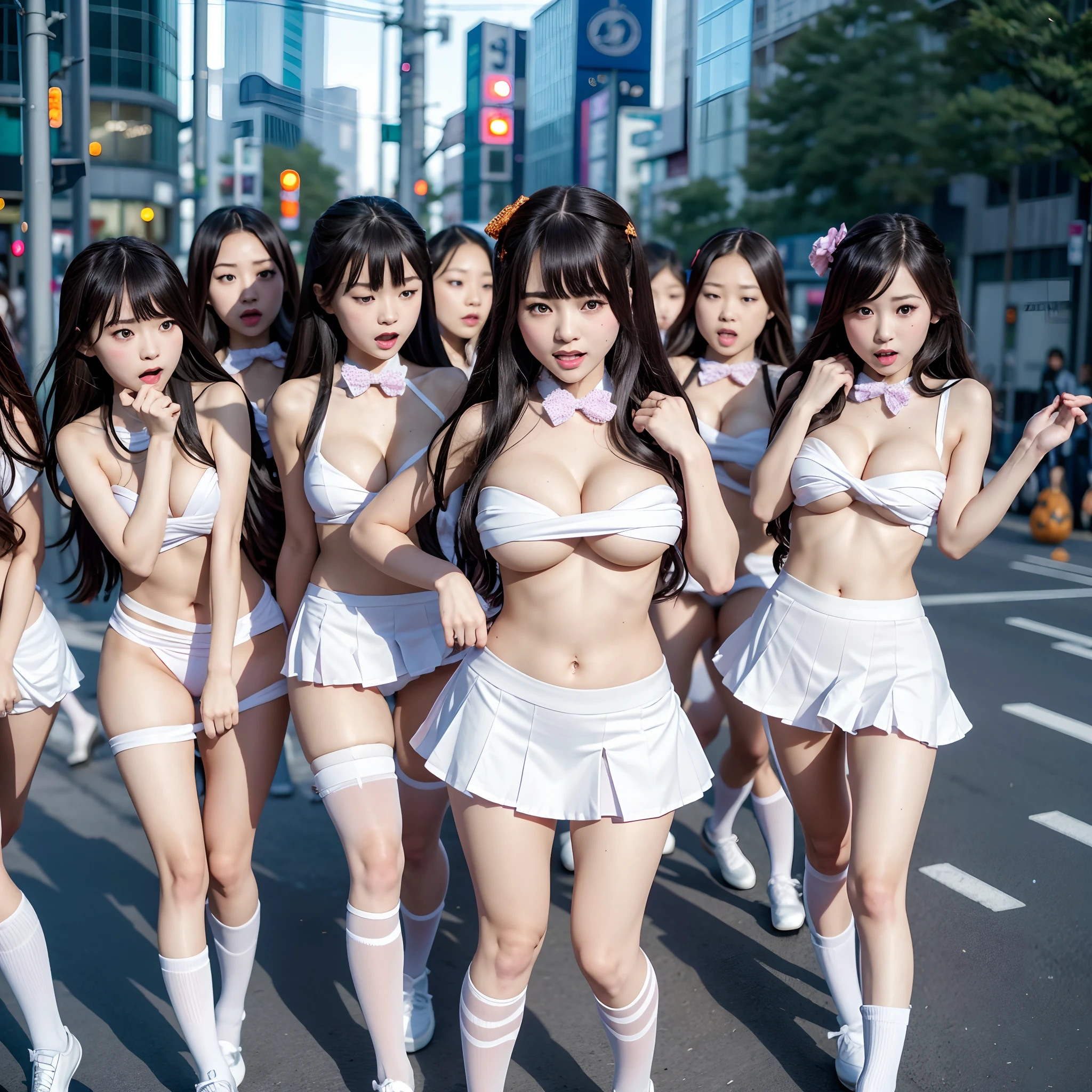 (((SFW, 12 Tiny Girls in a row:1.2, Shibuya Hachiko-mae scramble crossing on Halloween:1.2))), (masterpiece:1.2, best quality, photorealistic:1.37), {(Standing Full Body:1.2)|(from below:1.2)}, short silver hair, {School Uniform|naked bandage|tutu}, (Detailed KAWAII face, Detailed Oily Porcelain skin), {Bustling street|(Passerby schoolgirls)| halloween| neon}, {(Childish:1.2|Gigantic Cleavage:1.37|Underboob:1.2)}, {flower wreath|Red leather high collar}, {Floating hair|Strong wind|((Ass focus))},{:p|:d|laugh|sparkle|joyful|delighted},extremely Detailed,