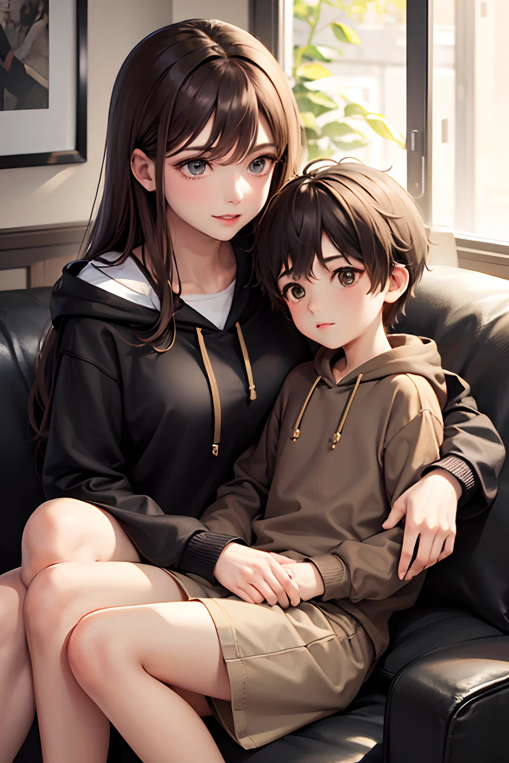 mom dressed in a light brown skirt and a black hoodie. while her son sits on her lap, streets, sitting on lap, shorts, 1child, 1boy, 1mom