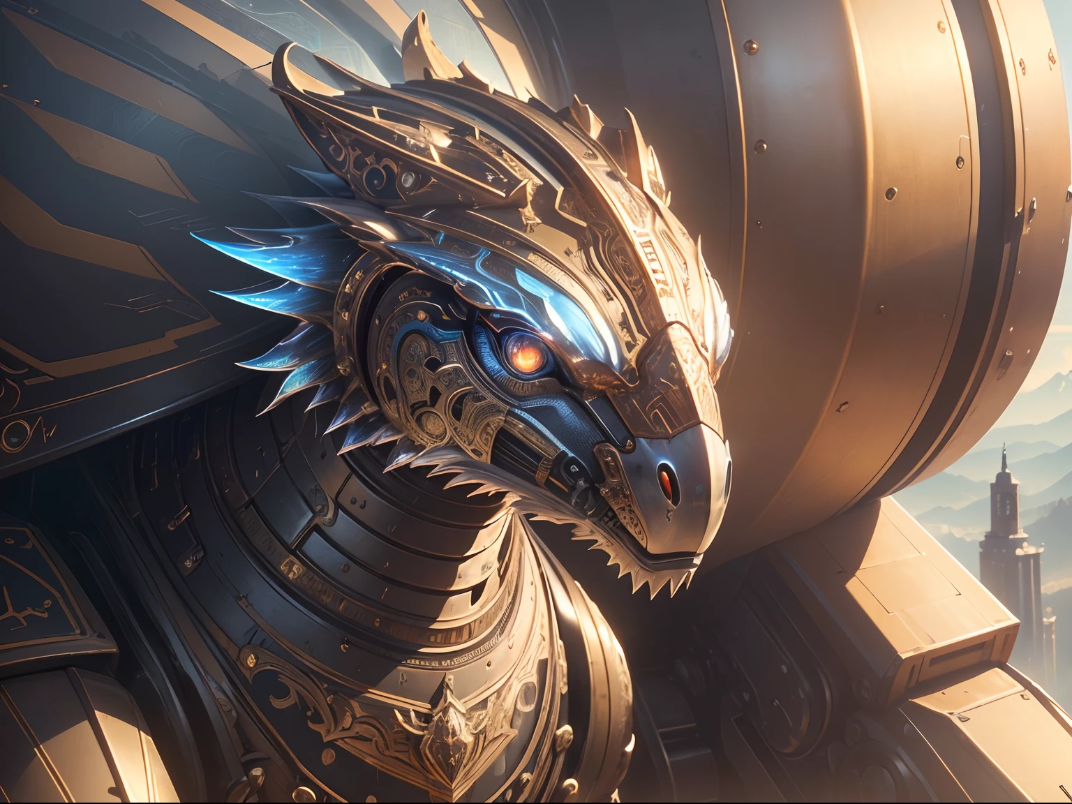 (best quality,4k,8k,highres,masterpiece:1.2),ultra-detailed,(realistic,photorealistic,photo-realistic:1.37),cute creature sitting on the shoulder of a massive robot,illustration,metallic,mechanical detailing,ornamental patterns,scenic background,soft lighting,colorful palette
