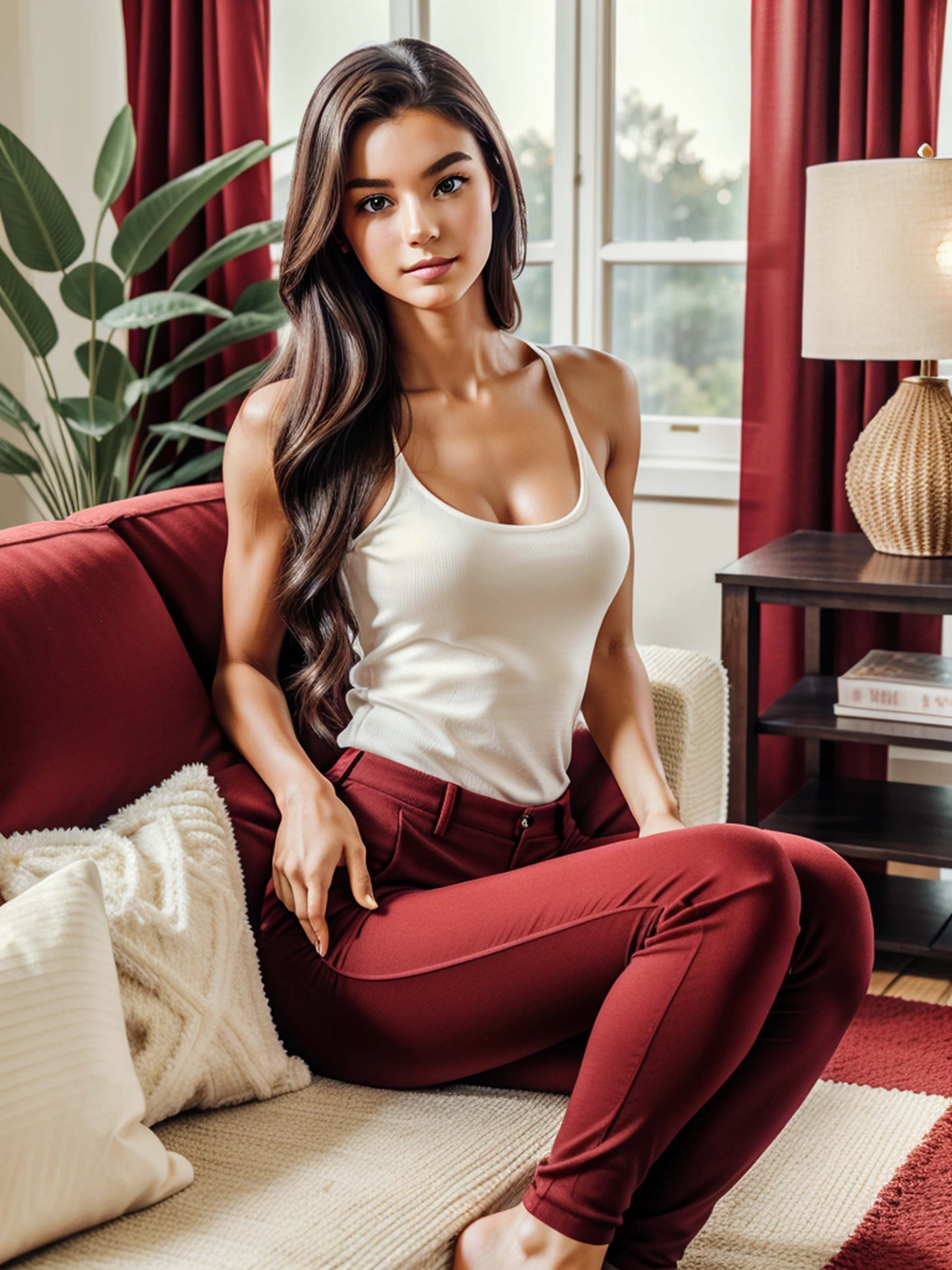 (best quality,4k,8k,highres,masterpiece:1.2),ultra-detailed,(realistic,photorealistic,photo-realistic:1.37),1girl,(18years old),Excella_re5,irene1,beautiful detailed brown eyes,beautiful detailed lips,extremely detailed eyes and face,long eyelashes,(192cm tall),gorgeous female figure,toned and sculpted physique,fit and slender body,well-defined muscles and curves,flawless skin,tall and graceful posture,radiating confidence and elegance,perfect proportions,enviable hourglass shape,impeccable body symmetry,healthy and vibrant appearance,beautiful long legs,raven-black hair,((wearing a sexy (red) casual outfit)),(sharp focus),(portrait),(ultra-detailed, highres, colorful),cozy living room,soft sunlight streaming through the window,warm color tones,natural wooden furniture,comfy sofa with cushions,fluffy rug on the floor,elegant curtains with floral pattern,charming table lamp on the side table,decorative plants adding a touch of greenery,delicate paintings on the walls,bookshelf filled with books,faint scent of flowers in the air,warm and inviting atmosphere,peaceful and serene setting,relaxing music playing in the background,calm and content expression on the girl's face,her favorite book in her hand,enjoying a quiet moment of solace,leisurely lying on the sofa,lost in her own thoughts,sunbeam casting a gentle glow on her face,creating a magical ambiance,inspiring the girl's imagination and creativity,vibrant color,professional photography.