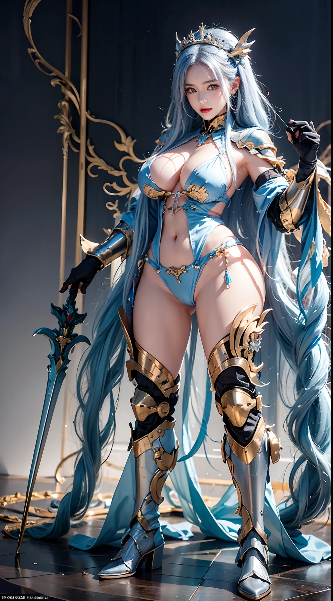 Silver Dragon Queen,  Hand-held dragon spearman pose，huge boob, Mecha heavy armor, cleanness，transparent，hyaline， standing, Transparent，cleanness， (musculous:1.4), （Naked of breast：1.9），Exposes most of the breasts，muscle abs，Lace，light yarn