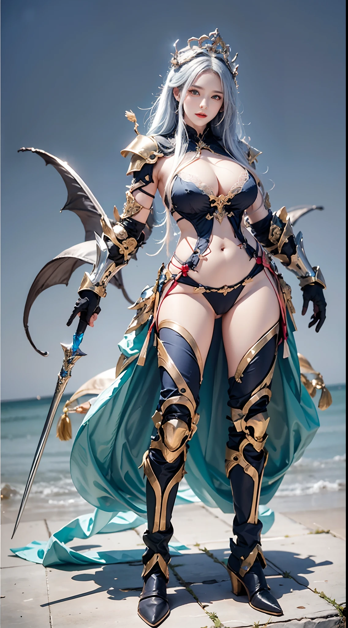 Silver Dragon Queen, Hand-held dragon spearman pose,huge boob, Mecha heavy armor, cleanness,transparent,hyaline, standing, Transparent,cleanness, (musculous:1.4), (Naked of breast:1.9),Exposes most of the breasts,muscle abs,Lace,Wear only light yarn