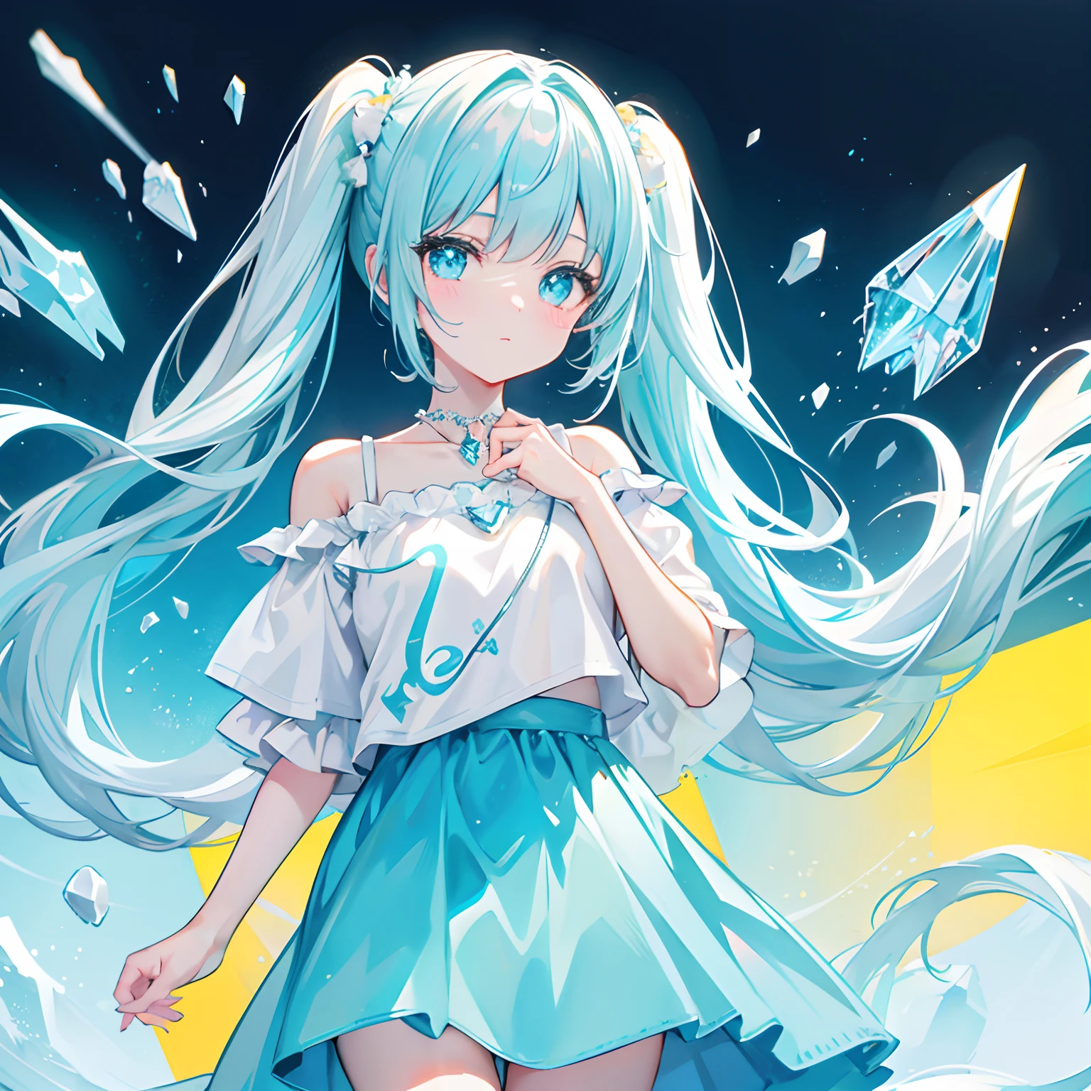 With pigtails,A shiny, moist and crystal clear face,It has a cute feeling,Light cyan and light yellow color scheme,Wear an off-the-shoulder T-shirt in a simple and pure color,Around his neck is a crystal clear silver necklace
