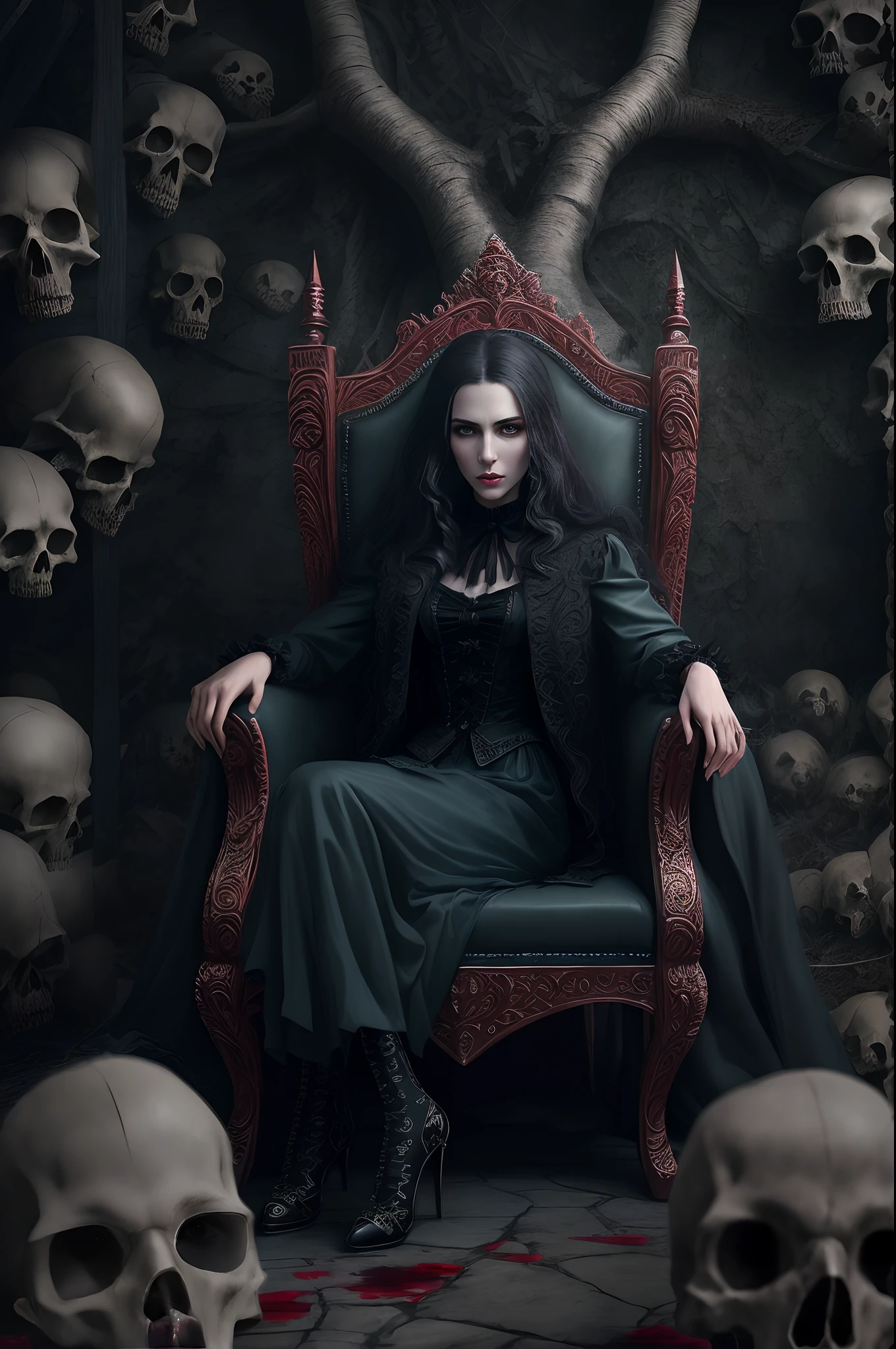 Dracula tribute photorealistic, full body professional photo of , dark fantasy, highly detailed Stunning vampire young woman dracula with dark green long hair wearing a black coat and ruffled shirt with a high collar, sitting on a bone chair with pointed horns, blood covered marble floor, intricate details and sharp, ((incredibly detailed face, incredibly detailed skin, incredibly detailed eye)),((detailed facial features)),(covered in skulls) ,(lying on her back in a pit of skulls) ,(depth of field:0.8), ((sharp focus:1.4)),epic ambiant light, very dark lighting, extremely detailed eye and face, a tree without leaves and only bones background,8k resolution, cinematic, (by Bram STOKER)