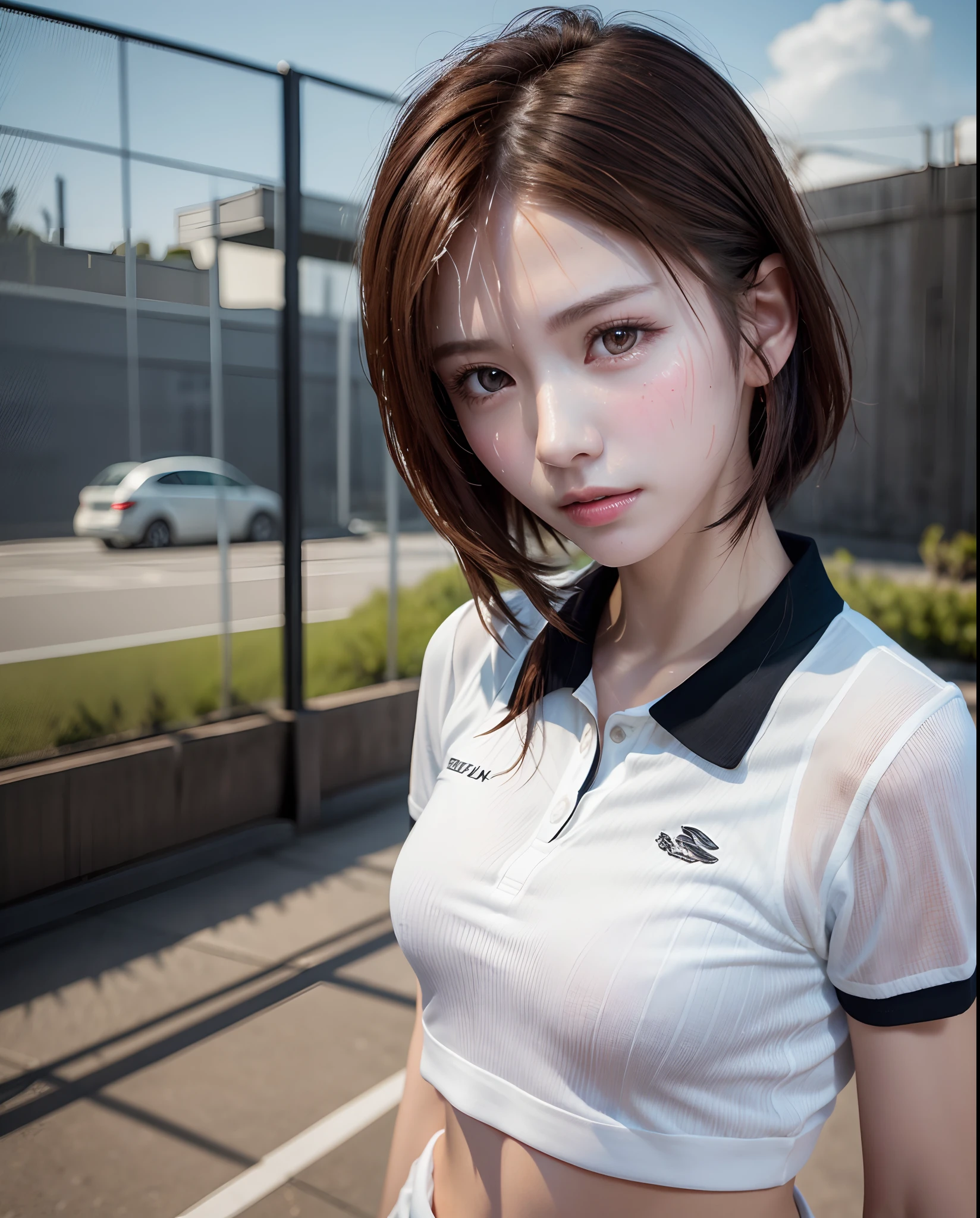 masterpiece, best quality, realistic, hyper-detailed, (shiny skin, sweaty:1.4), absurd, slender, small breasts, looking at viewer, 1girl, solo, tennis wear, white polo shirt, white sneakers, white miniskirt, very short hair, orange brown hair, black eyes, (thick thighs:0.6), dynamic lighting, high resolution, sharp focus, depth of field, detailed eyes, sharp pupils, realistic pupils