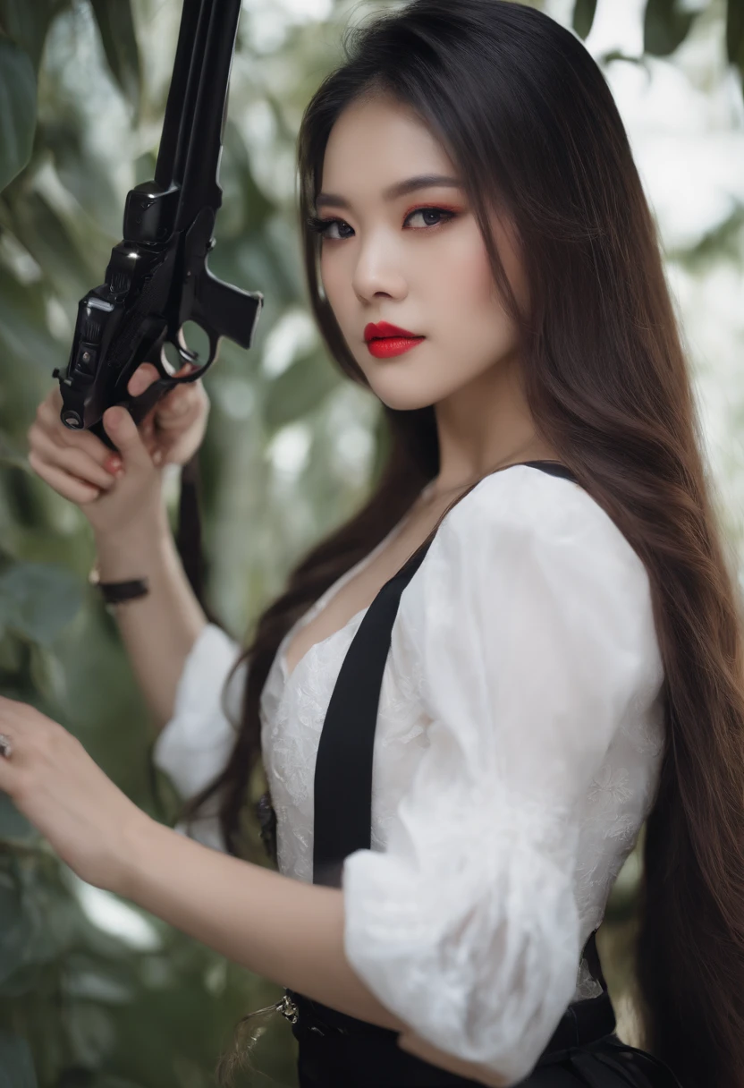 Beauty agent,Long hair and waist,Purple eye,Small black silk suspenders,Take a gun,Good girl,Standing painting,white backgrounid,Japanese freshness