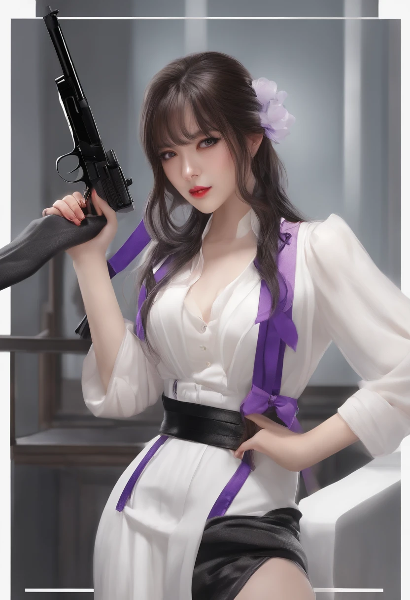 Beauty agent，Long hair and waist，Purple eye，Small black silk suspenders，Take a gun，Good girl，Standing painting，white backgrounid，Japanese freshness