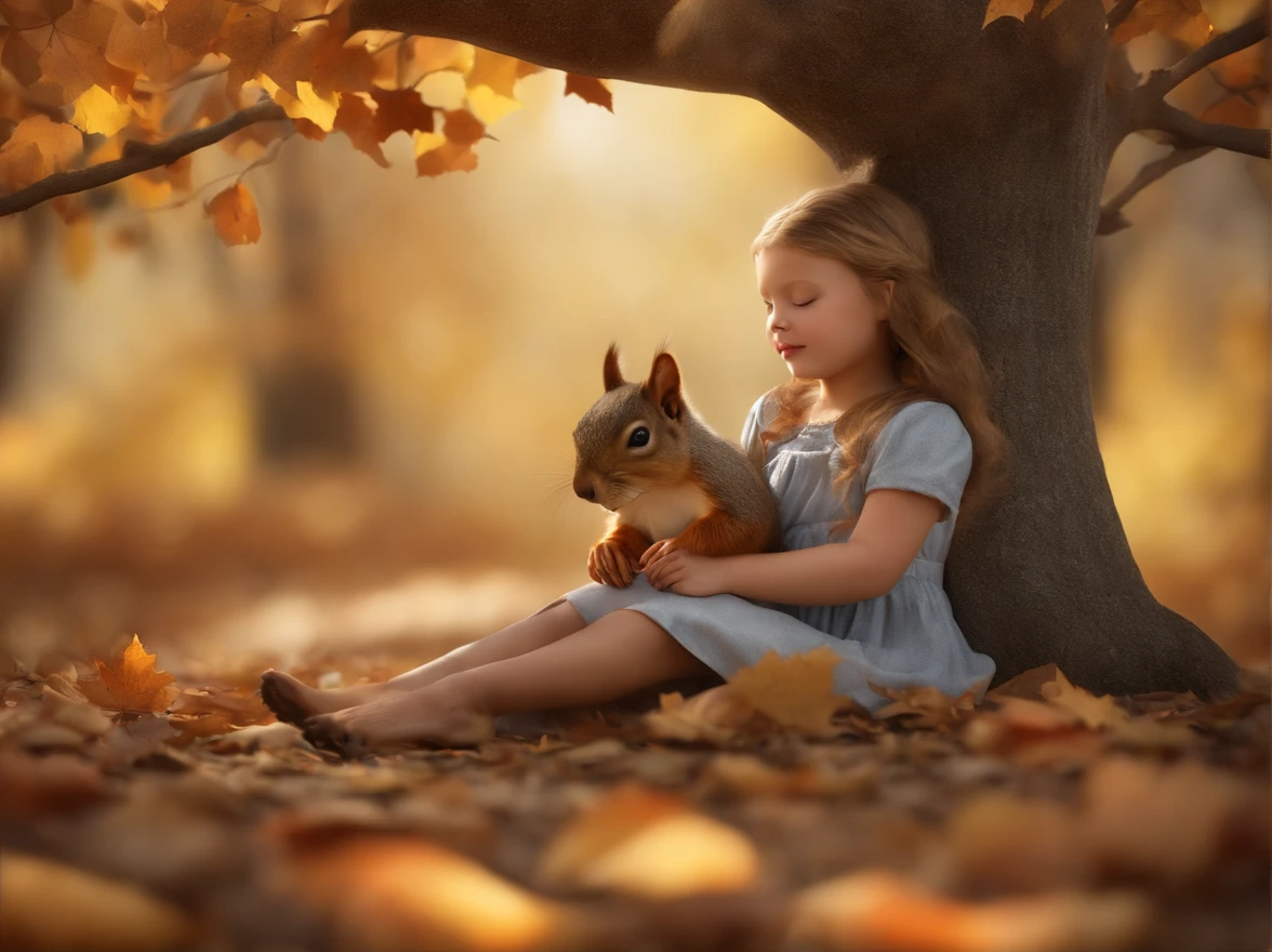 (8K, 16 K, awardwinning, of the highest quality, High resolution, super detailed, Textured skin, Anatomically correct, Photorealistic, Raw photo, masutepiece: 1.3), (1 girl), Squirrel and girl, (Big girl sitting on the ground under a tree and closing her eyes: 1.3), aerial view from above, The book is open, There are acorns on top of the book, (Squirrel holding an acorn in his hand: 1.2), Trees with autumn leaves, idyllic scenery, Healing, Autumn, leaves falling, leaning against a tree, Detailed fingers, Detailed legs, Detailed face,