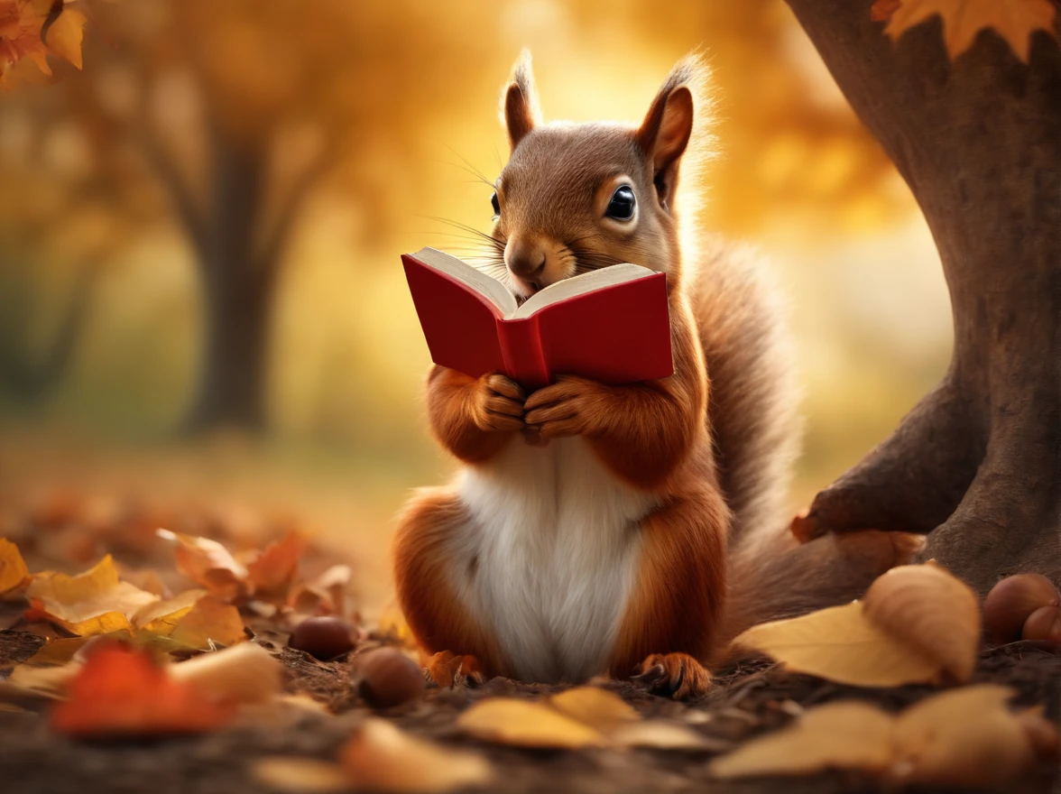 (8K, 16 K, awardwinning, of the highest quality, High resolution, super detailed, Textured skin, Anatomically correct, Photorealistic, Raw photo, masutepiece: 1.3), (1 girl), Squirrel and girl, (Big girl sitting on the ground under a tree and closing her eyes: 1.3), aerial view from above, The book is open, There are acorns on top of the book, (Squirrel holding an acorn in his hand: 1.2), Trees with autumn leaves, idyllic scenery, Healing, Autumn, leaves falling, leaning against a tree, Detailed fingers, Detailed legs, Detailed face,
