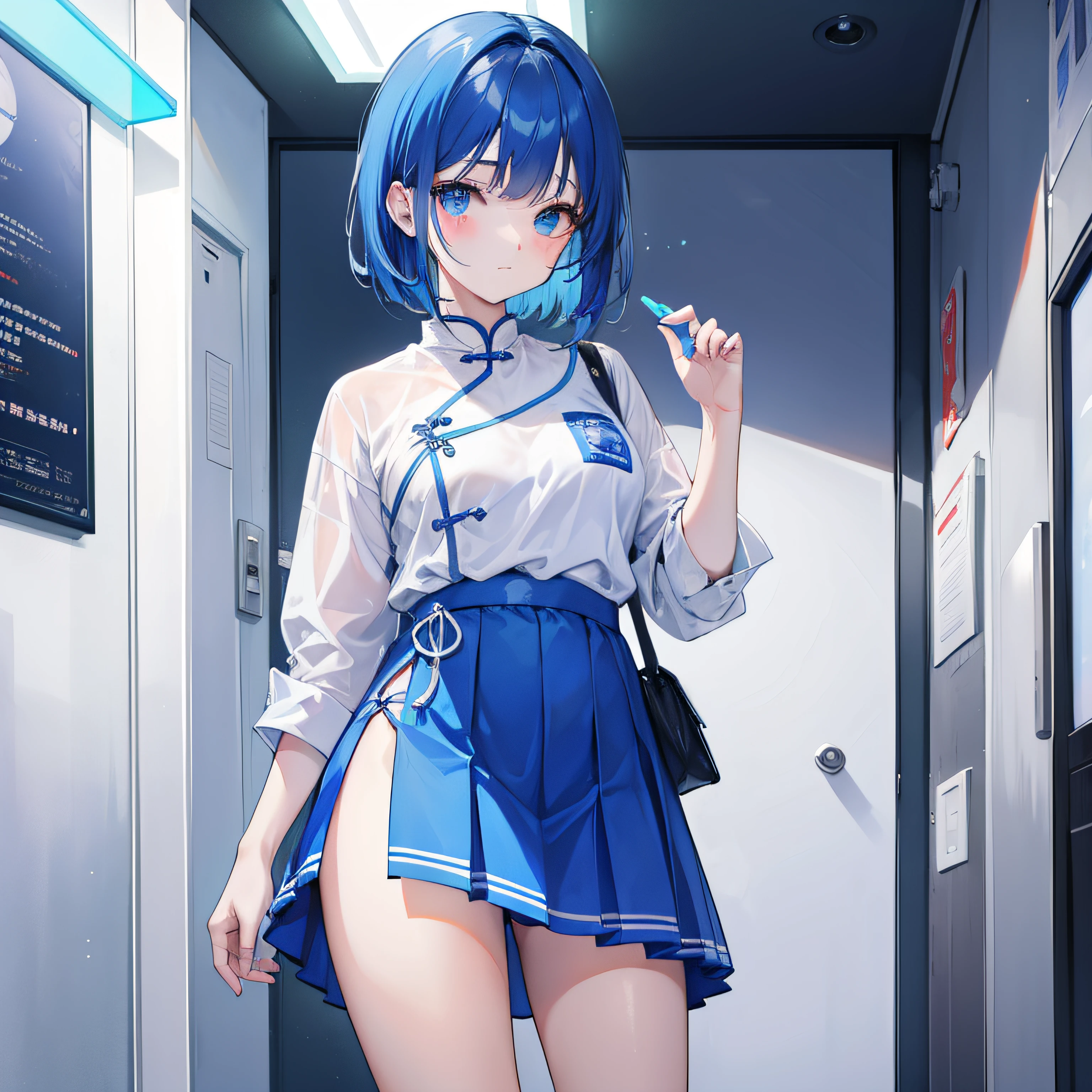 NSFW woman with short fluorescent blue hair，petty face，Wearing a light blue student uniform of the contemporary Chinese era, he is loose and simple，A very delicate and cute sweet girl