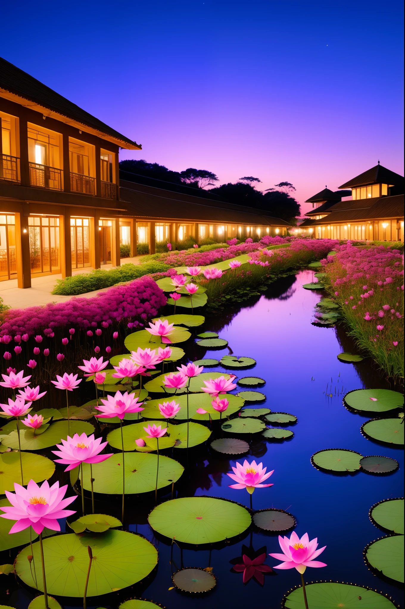 Purple hibiscus flowers，Pink lotus，City background at night