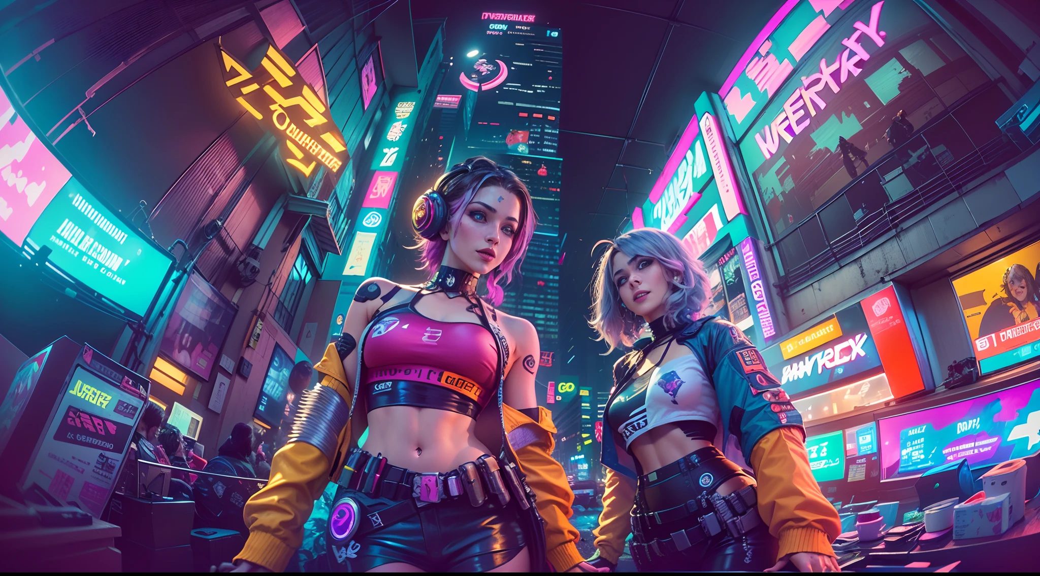 Create a hyper-realistic cyberpunk artwork featuring a tall (190cm) Russian woman with an athletic build and an ultra-detailed, sultry face. She is shown standing with her legs crossed, lifting her breasts with her hands, accentuating their size. She has a thin waist, defined 6-pack abs, curvy hips, and slightly plump buttocks. Her body has a subtle glow, and her skin texture is highly detailed. The woman has (((blond hair))) styled in twin-tails with partial braids and shaved and braided sections on the right side. She wears pencil heels in a cyberpunk style and dark-blue glossy lipstick. Her lips are slightly parted, and she has purple eyes, neon earrings, and shiny black fingerless gloves with a cyberpunk aesthetic. She also has a navel piercing and Irezumi-style tattoos on her body, including a glowing one. She wears see-through fabric leggings and a cyberpunk-style jacket, barely clothed, (dark-pink areola, and deep-dark-pink ), high-cut tank-top with under breast visible. T-string bikini bottom. The artwork is set against the backdrop of a highly detailed cyberpunk metropolis at night, with empty streets illuminated by neon signs and some people in the blurry background. The art is created using a Canon EOS R6 camera, and it utilizes Octane render, (High Dynamic Range), Tay Tracing, NVIDIA RTX, unreal 5, subsurface scattering, PBR texturing, post-processing, anisotropic filtering, maximum clarity and sharpness, ((cinematic lighting)), Lens Flare light, (hyper-realistic light and shadow: 1.2), depth of field, Illuminated by soft, Dreamy volumetric lighting, vaginal rundown, pubic hair.