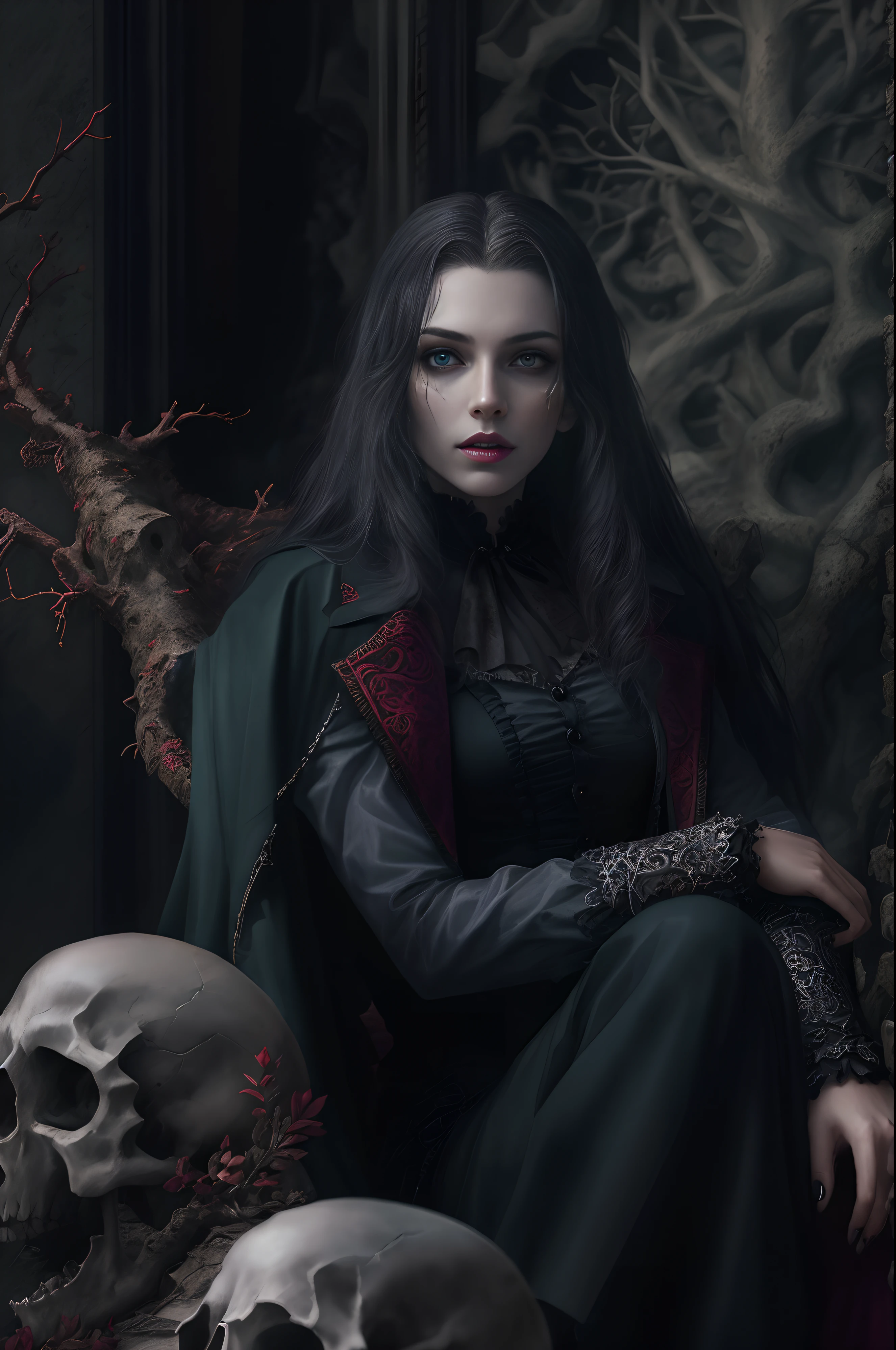 Dracula tribute photorealistic, full body professional photo of , dark fantasy, highly detailed Stunning vampire young woman dracula with dark green long hair wearing a black coat and ruffled shirt with a high collar, sitting on a bone chair with pointed horns, blood covered marble floor, intricate details and sharp, ((incredibly detailed face, incredibly detailed skin, incredibly detailed eye)),((detailed facial features)),(covered in skulls) ,(lying on her back in a pit of skulls) ,(depth of field:0.8), ((sharp focus:1.4)),epic ambiant light, very dark lighting, extremely detailed eye and face, a tree without leaves and only bones background,8k resolution, cinematic, (by Bram STOKER)