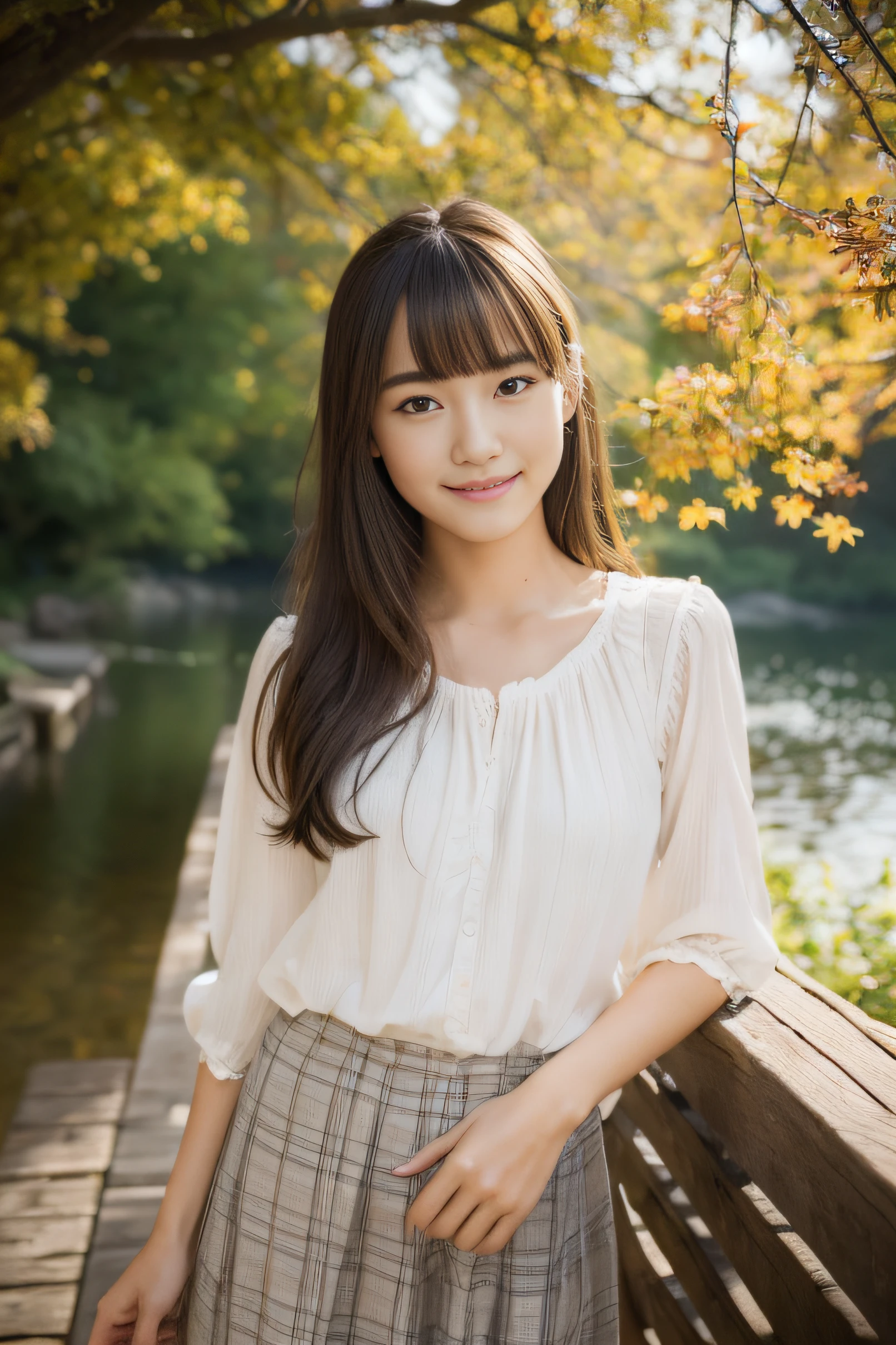(((masterpiece))), top-quality, Extremely detailed, Detailed background, 18mm Wide Lens, longshot, Quiet lakeside bench in the forest, Sitting, Very beautiful girl, Japanese, , Detailed face, Bangs, Smile, (Full body:1.3), (Random hairstyles :1.2), (Young Face), (Perfect body:1.1), Blouse, Skirt, Autumn, in 8K, Wallpaper, amazing, finely detail, Ultra-detailed, 超A high resolution, Extremely detailed, Pure erotic face, extremely detailed eye and face, Beautiful detailed eyes, highly detailedskin, No makeup, (Natural Skin),
