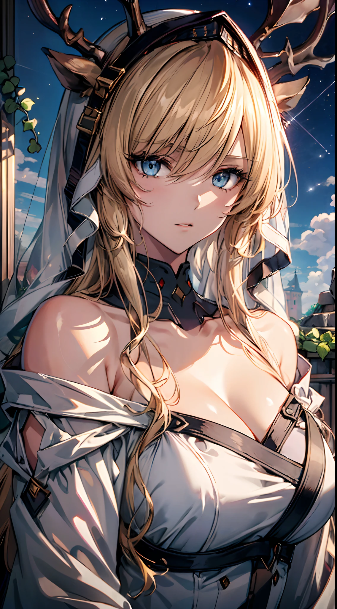 (((Masterpiece))),(incredibly_absurderes),(Best quality),(A high resolution),(Highly detailed),((CG unity 8k wallpaper)),(cool colours),(aquarelle),(an extremely delicate and beautiful lady),(20s),((domineering lady)),(Delicate face),((Beautiful detailed eyes)),(Long_eyeslashes),gold light_Hair,(small_ enhancement),(Disheveled hair),Long hair,hair between eye,(head gear),(Off_Shoulder),(Long sleeves),(sleeves past wrists),(golden decorations),elegant,((Melancholy)),(view the viewer),Upper body,focus onface,((Close up)),((delicate beautiful sky with cirrocumulus)),(Dark sky),(stars),(Cloudy),(cirrocumulus),((Stone ruins)),((vines)),((ivy)),(Blue roses),(dense fog),(Detailed background),(Dynamic Angle),((Ray)),(Ray tracing),toplight,(Cinematic light),(light bounce),(refined rendering),((Tyndall effect)),(Depth of field),aaaaaaaaaax