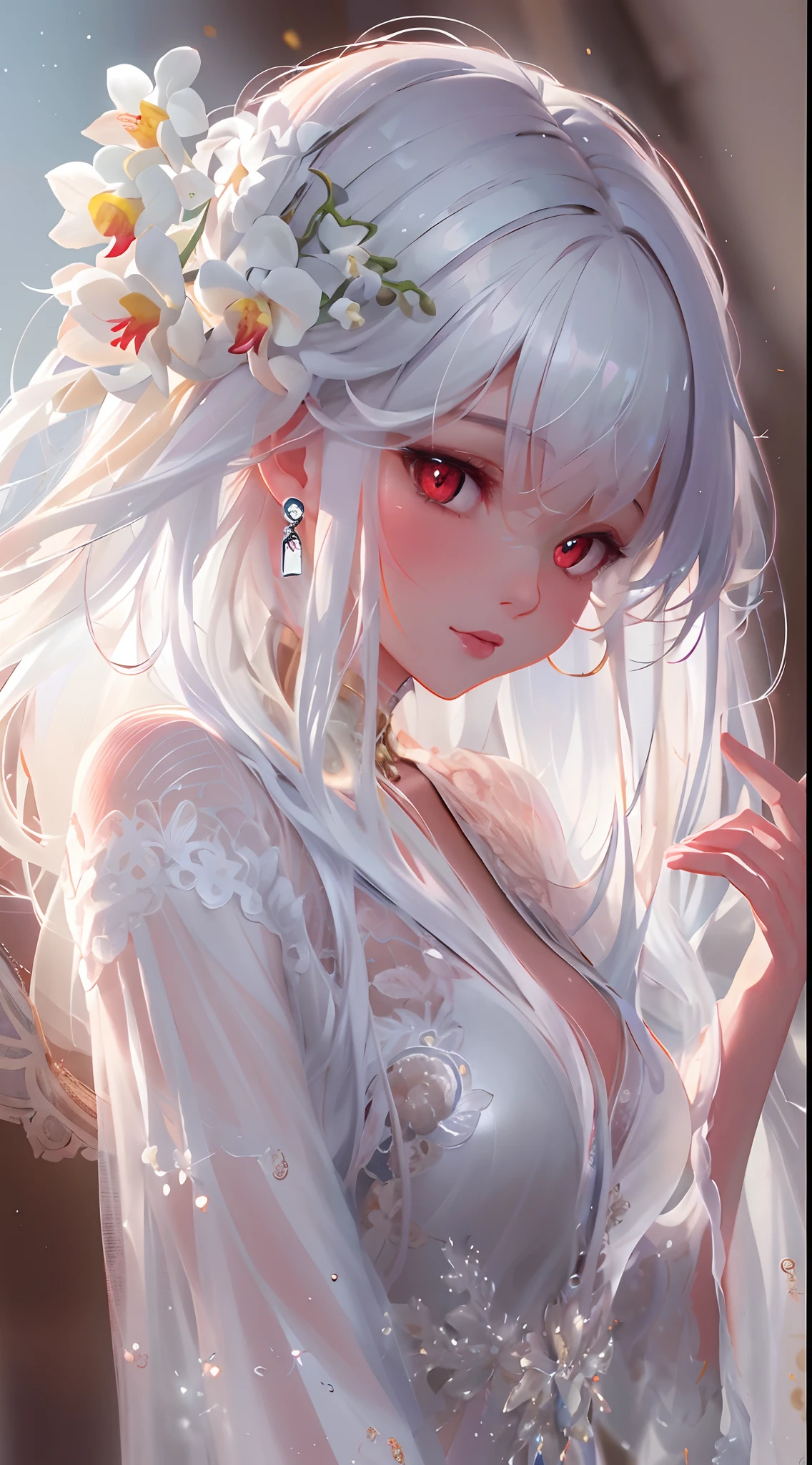 white color hair，Red eyes，largeeyes，Nudie