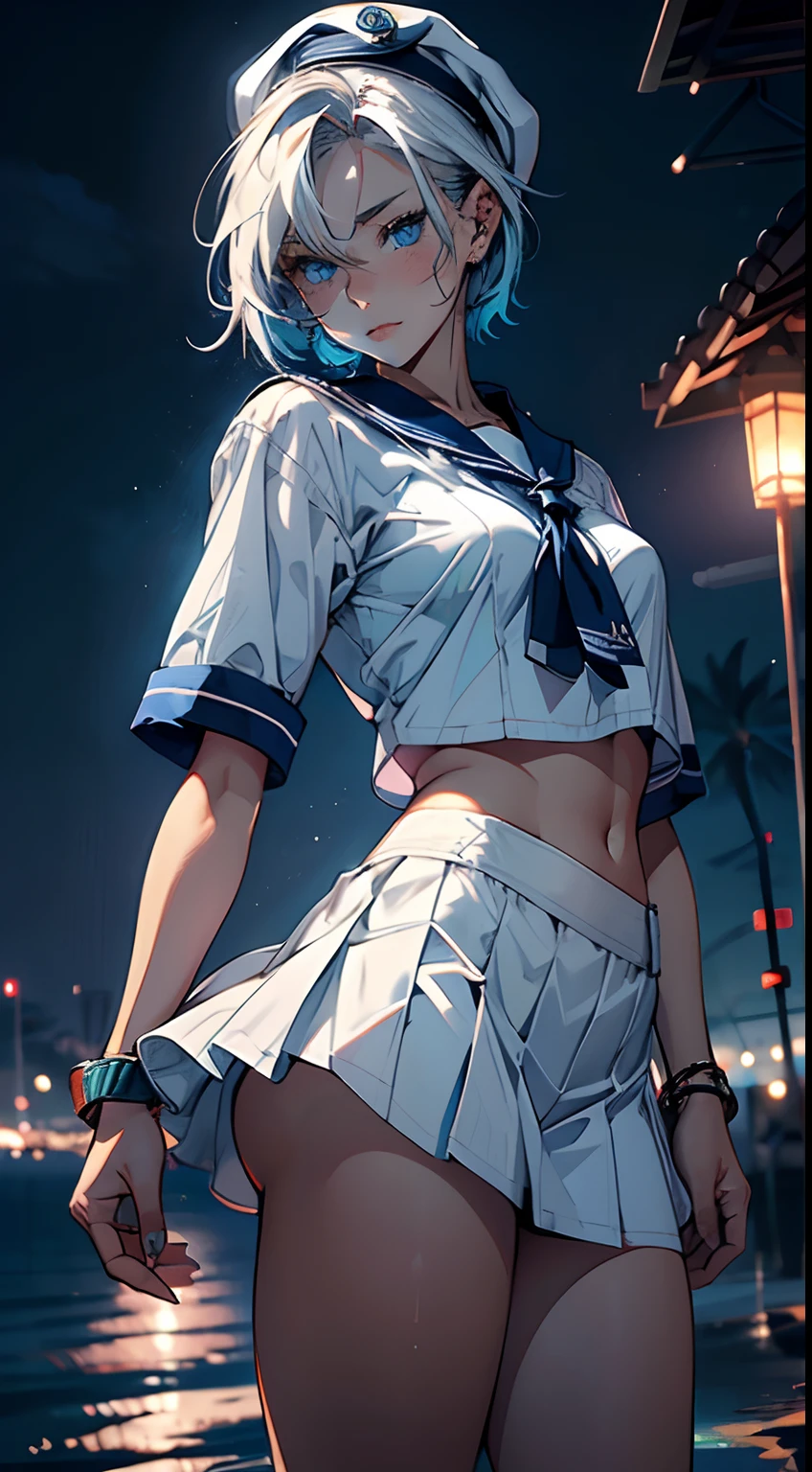 (masterpiece), best quality, expressive eyes, perfect face, a marine girl in the beach at night, navy costume, sailor clothes, sailor collar, white shirt, blue cap, white hair, short hair, ((blue eyes, glowing eyes, night)), cropped shirt, defined abdomen, sensual, summer night, warm colors, back light, peaceful, peace, horizont, beautiful girl, beautiful eyes, stunning eyes, feminene, defined curves, white skirt
BREAK she is wearing a sailor clothes, she is using white shirt , she is wearing a blue cap, she is happy, is night, she is in a beach, summer, the image transmit a peaceful feeling, the image pass happy emotions, beautiful asthetic, the image has a perfect light and cool colors