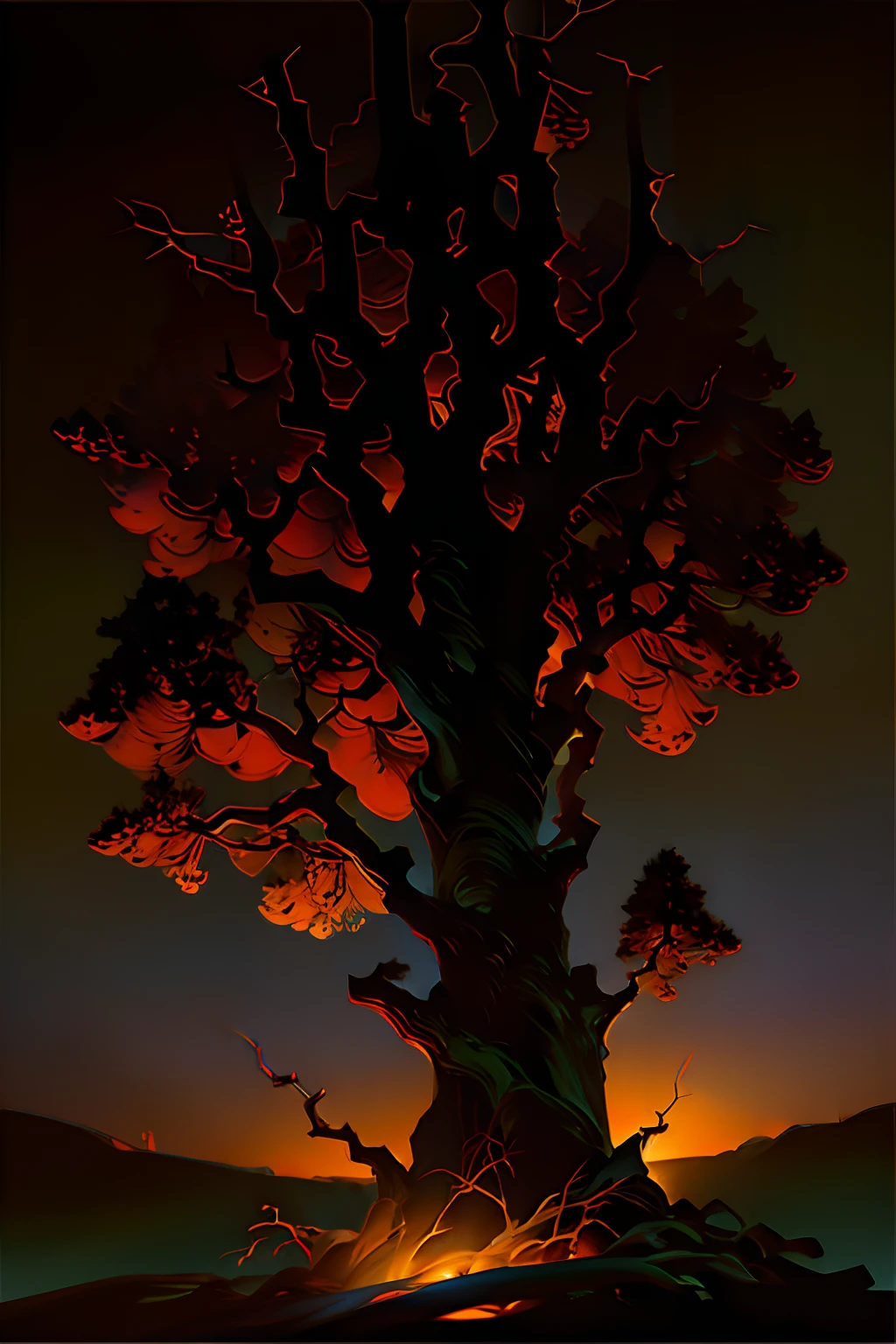 A painting of an autumn landscape, a giant square tomb, a wrought iron fence, dead trees, dead tree branches and dirt, night time light, dark sky.