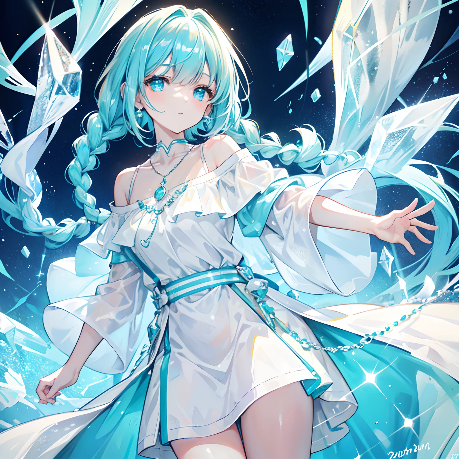 With braids,A shiny one, Moist and crystal clear face,It has a lovely feel,Light cyan and light yellow color scheme,Wear an off-the-shoulder T-shirt in a simple solid color,Around his neck hangs a crystal clear silver necklace