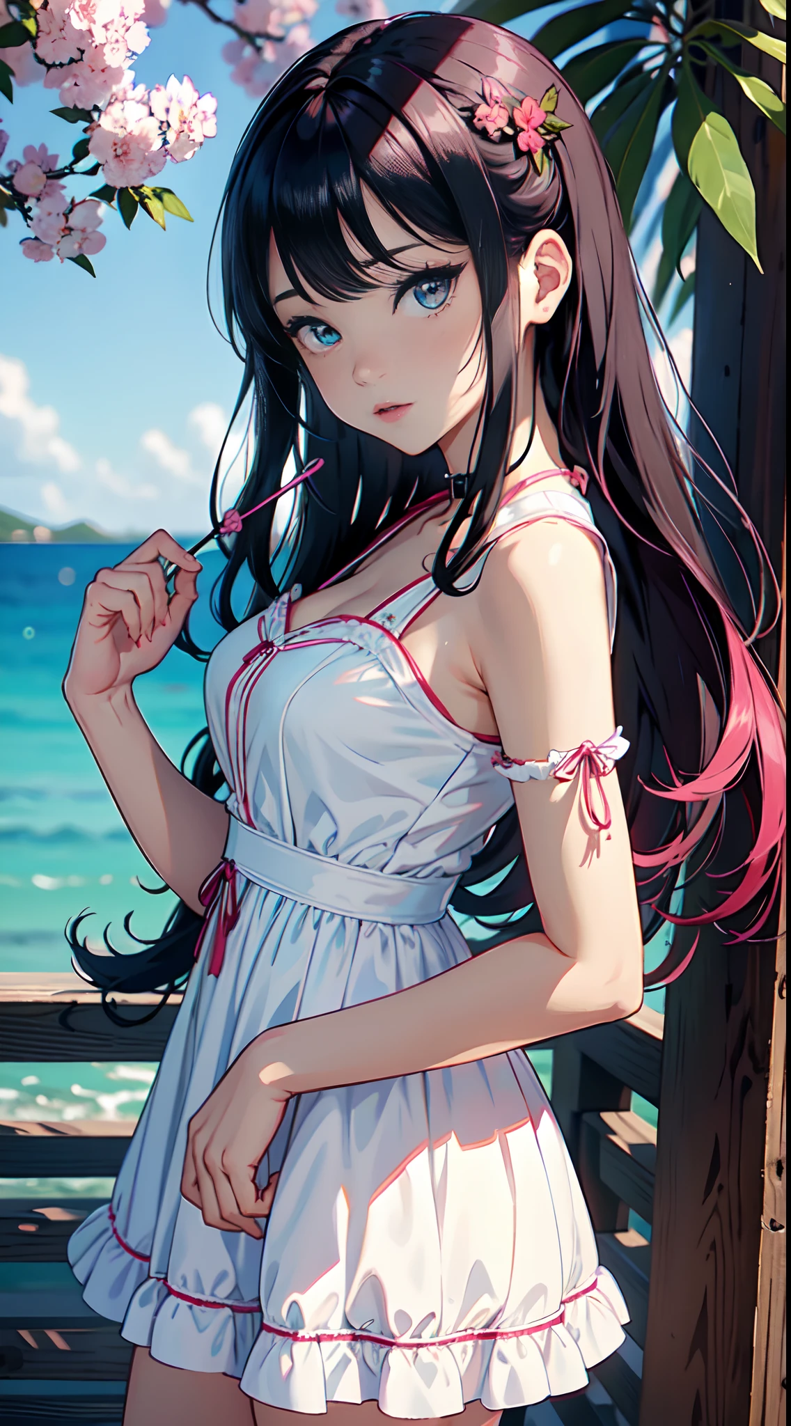 (Masterpiece, extremely detailed 8k CG, ligne nette),Mai Sakurajima, 25 ans, Art officiel, colourfull, Beau style anime japonais grands yeux, une jolie femme, black hair with pink locks , yeux bleus clairs, Regarder le spectateur, timide, peau lisse:1.2, Perfect face without any flaws , high detail face, pouty lips , yeux parfaits , detailled eyes, White summer dress