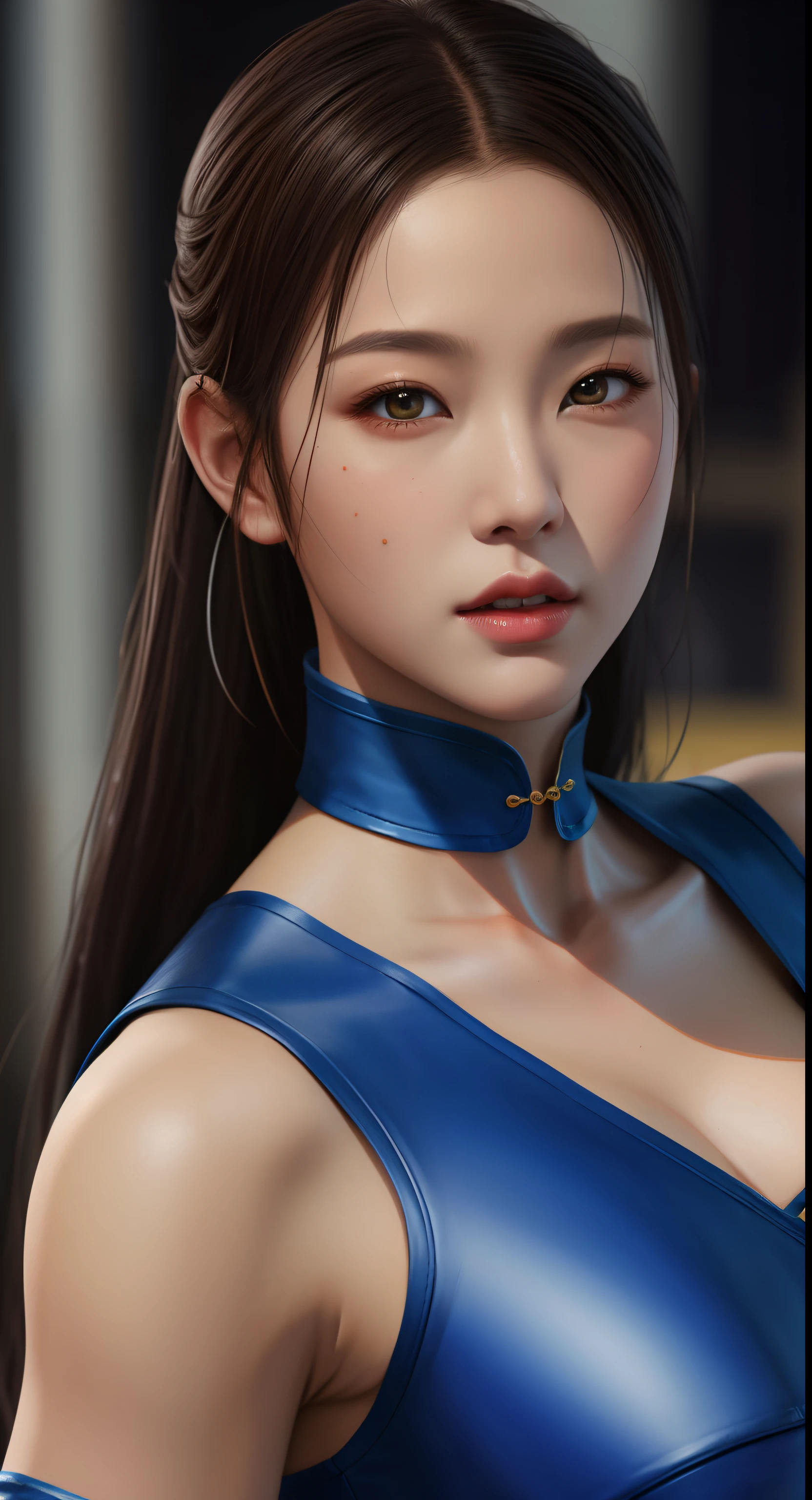 mulher arafed em uma roupa de couro azul posando para uma foto, Retrato de Chun - Li, Retrato de Chun Li, Chun - Li, Chun-Li, Chun Li, Artgerm extremamente detalhado, Modelo IG | Artgerm, Por Ruan Jia e Stanley Artgerm, Chengwei Pan em ArtStation, deviantart artstation cgscosiety, detalhes realista