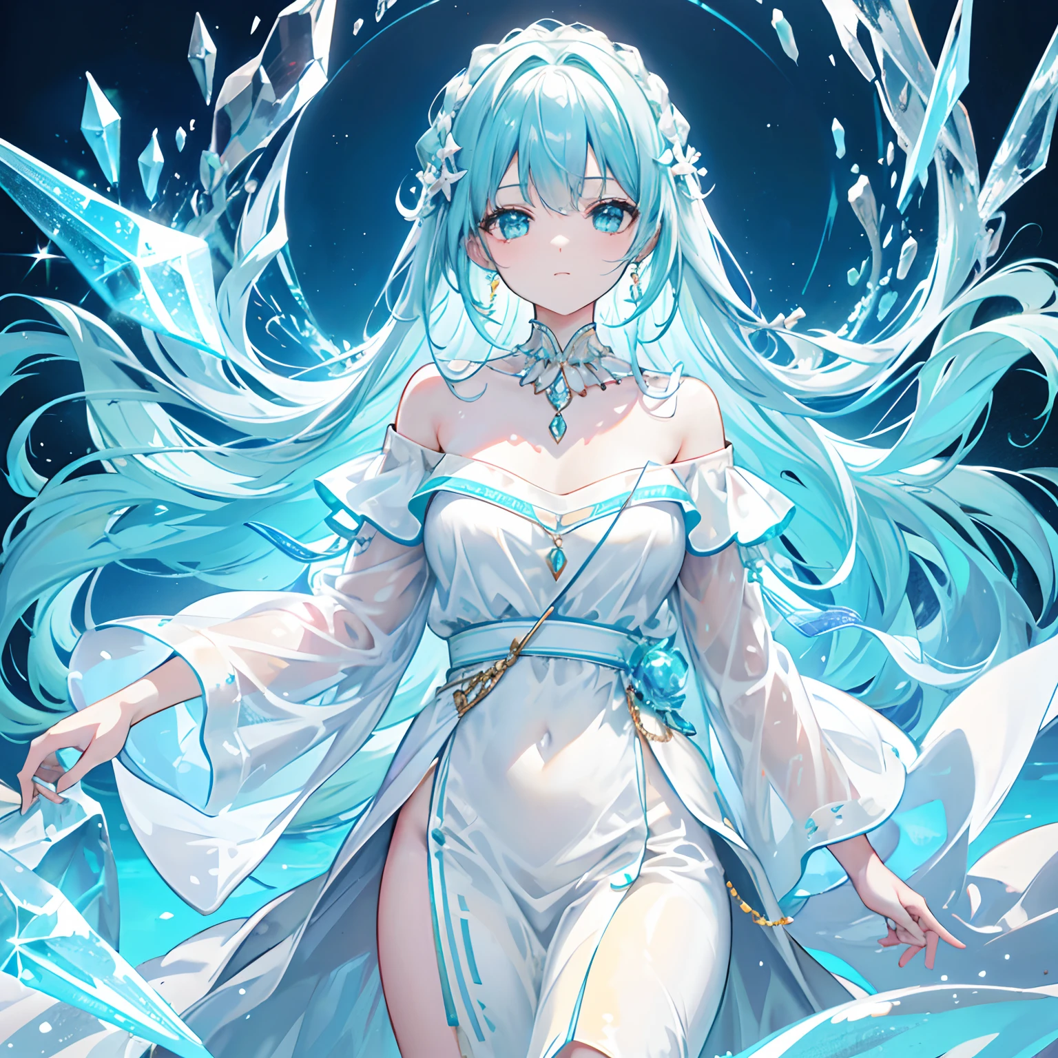 A woman in a white dress standing in the water, Sea Goddess, Sea Goddess, portrait zodiac knight girl, zodiac knight girl, anime goddess, Queen of the Sea Mu Yanling, 8K high quality detail art, detailed digital anime art, Nautical siren, Very detailed ArtGerm, Water magic close-up fantasy, beautiful attractive anime woman