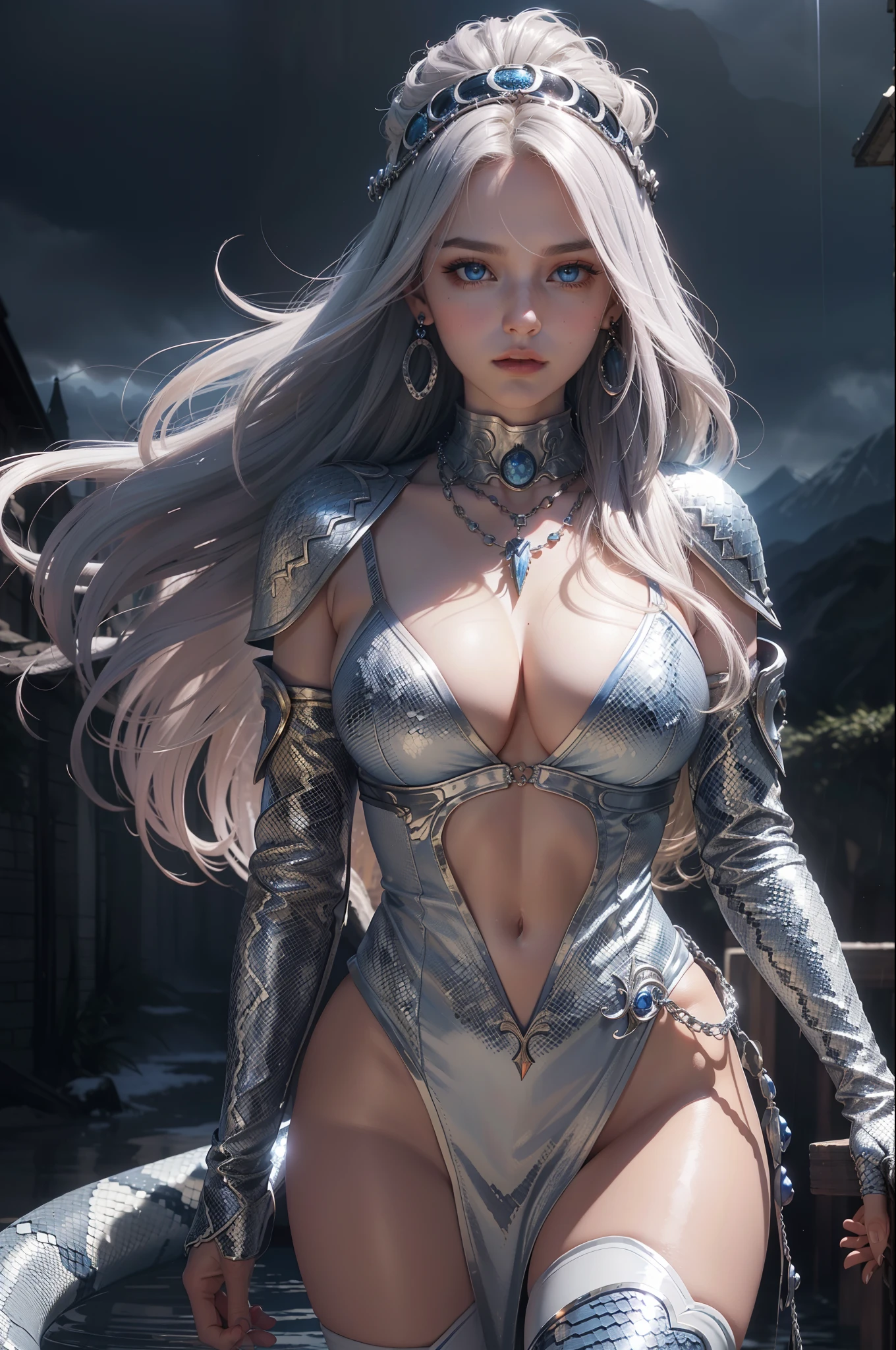 Very detailed CG, (beautiful eyes, seductive expression, 1 girl, blue pupils, red face, full and symmetrical breasts, chest bumps, toned buttocks, white armor, blue trim, flowing long hair, various hairstyles, headdresses, earrings, necklaces, holding silver chains), (black mamba, python, right leg entangled), sky, mountains, clouds, castle, fire effects, lightning effects, rain effects, dynamic angles, flowing, 8k wallpapers, masterpieces, best quality, super detailed, best lighting, best shadows