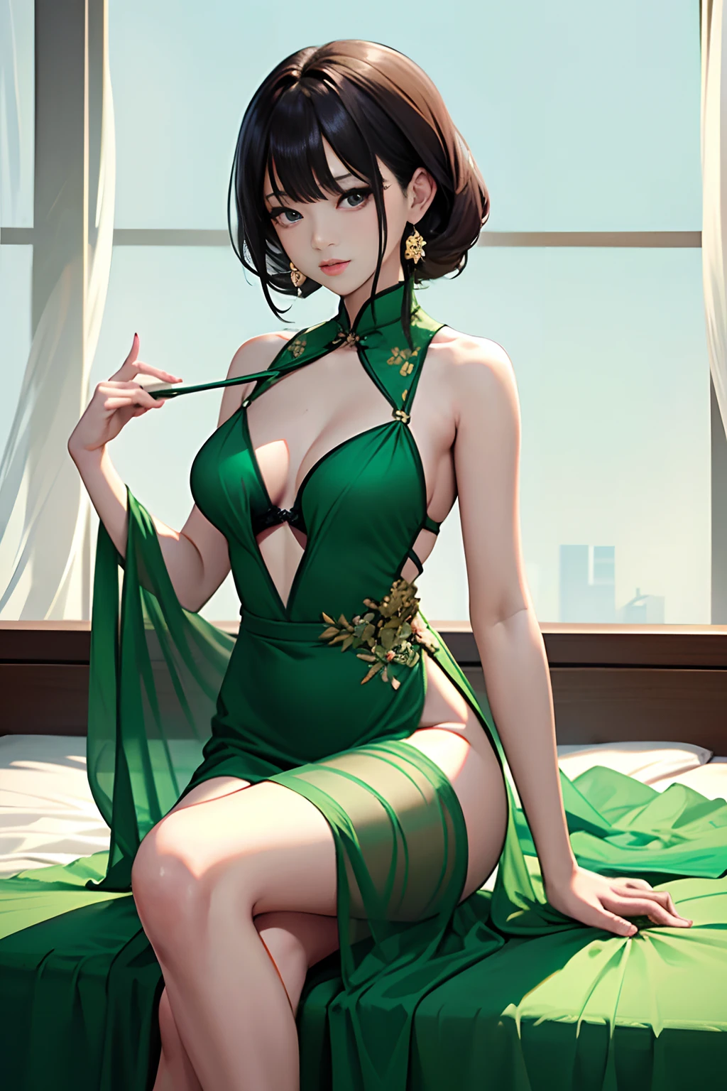 Asian woman in green dress sitting on bed, Wearing sexy lingerie, beautiful Korean women, Sexy :8, gorgeous chinese models, Translucent dress, sexy gown, Gorgeous young Korean woman, Korean girl, Sexy dress, Beautiful Asian girl, full - length view, Open V chest clothes, Young sexy elegance, Sexy girl, lingeries beauty