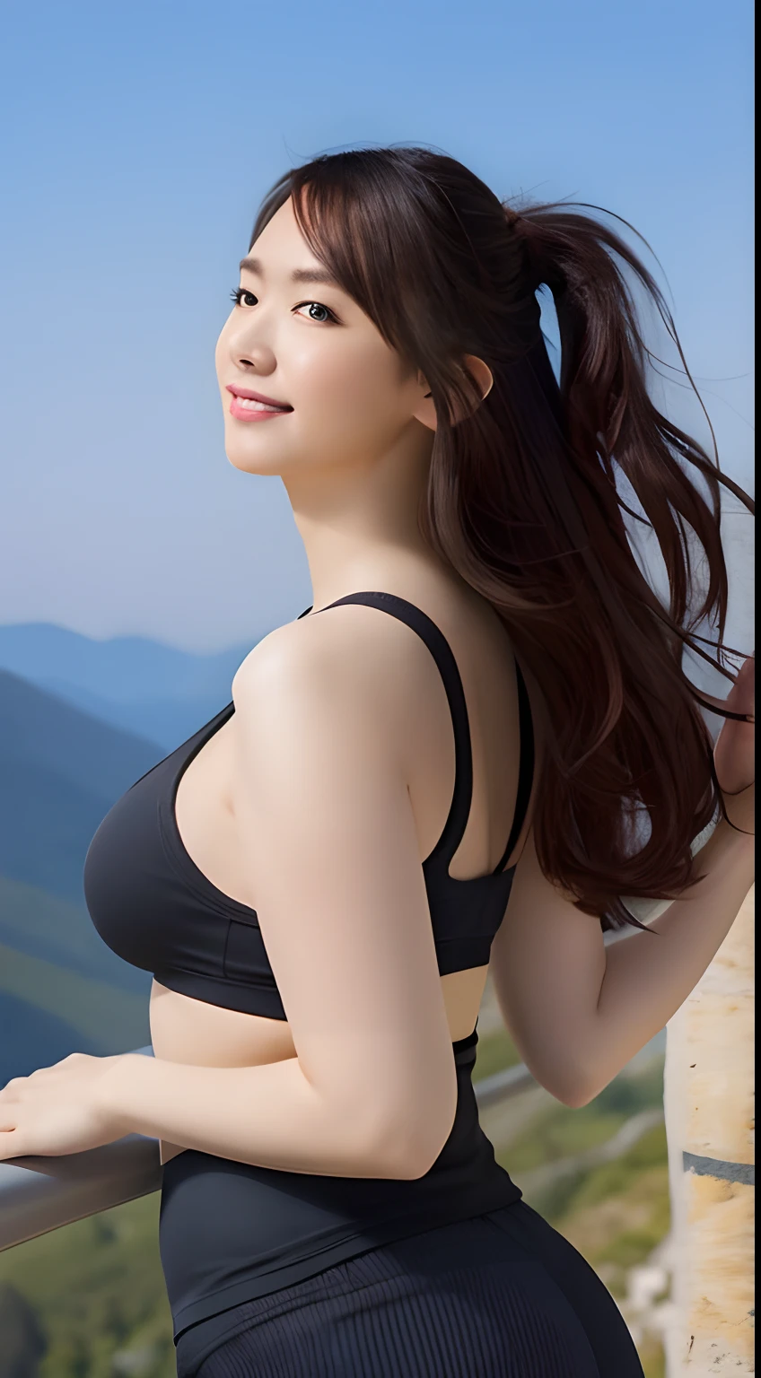 Best quality, illustration, Ultra-detailed, finedetail, A high resolution, 8K wallpaper, Perfect dynamic composition, Middle-aged young woman,ssmile, Horsetail hair, Plump breasts,Curvy body,Anterior convex and posterior,Yoga pants set, a sexy pose,Look out from the top of the mountain,Take photos from a distance