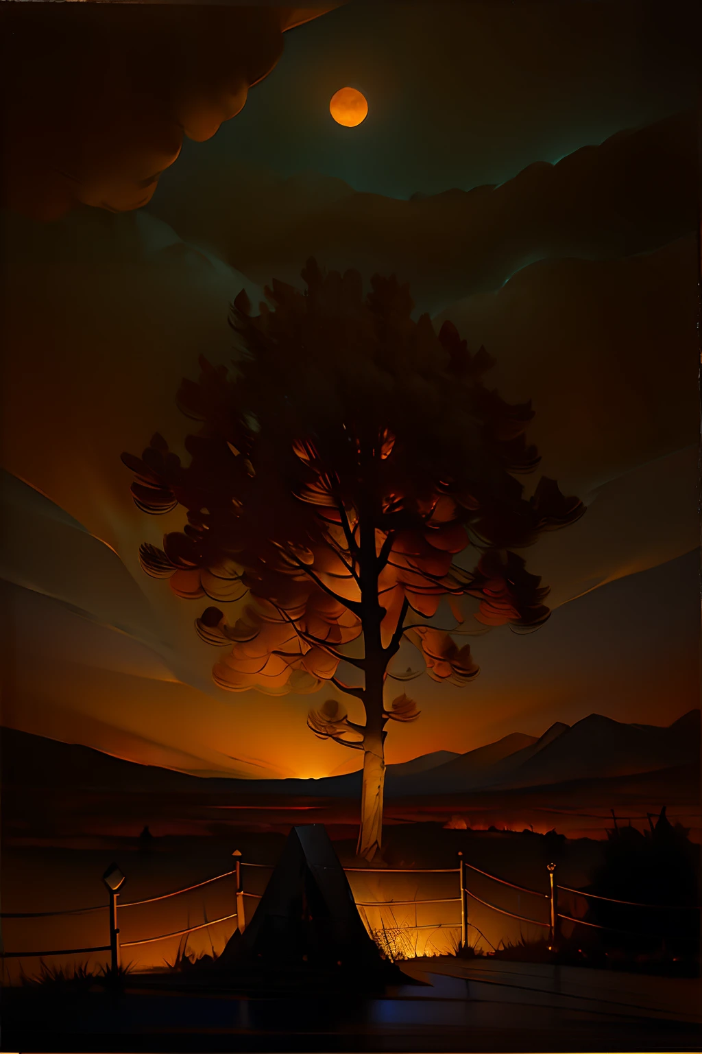 A painting of an autumn landscape with a giant square tomb and a wrought iron fence, night time light, dark sky.