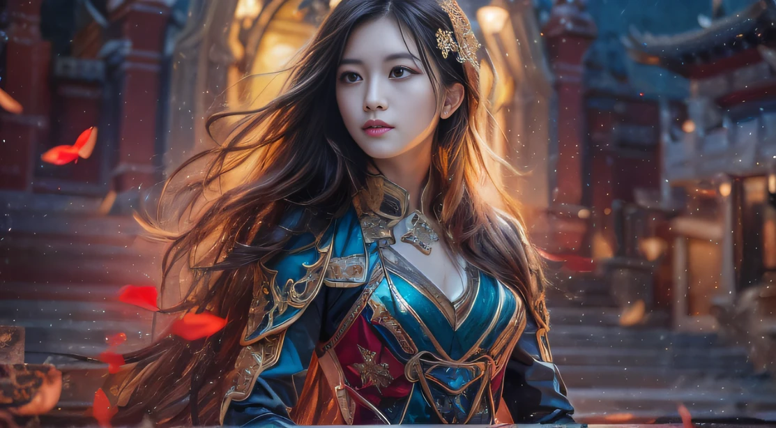 32K,复杂,ellegance,highly detailed,A majestic,Digital photography,Autumn cowboy shot,surrealism painting,Broken rubies,Beating magic,Entwined water magic,(tmasterpiece,Cinematic light,Fine beautiful eyes:1.2),hdr,Void 5 Energy Storm,(China 1 girl,Black eyes:1.5),paleskin,Glowing skin,(sitting on the stone:1.5),delicated face,Black color hair,Wearing palatial red armor,cropped shoulders,nabel,short skirt,Beautiful light blue armor,Rained,big breasts beautiful,looking at viewert,Face away from the camera,tmasterpiece,Side upper body,Side portrait close-up