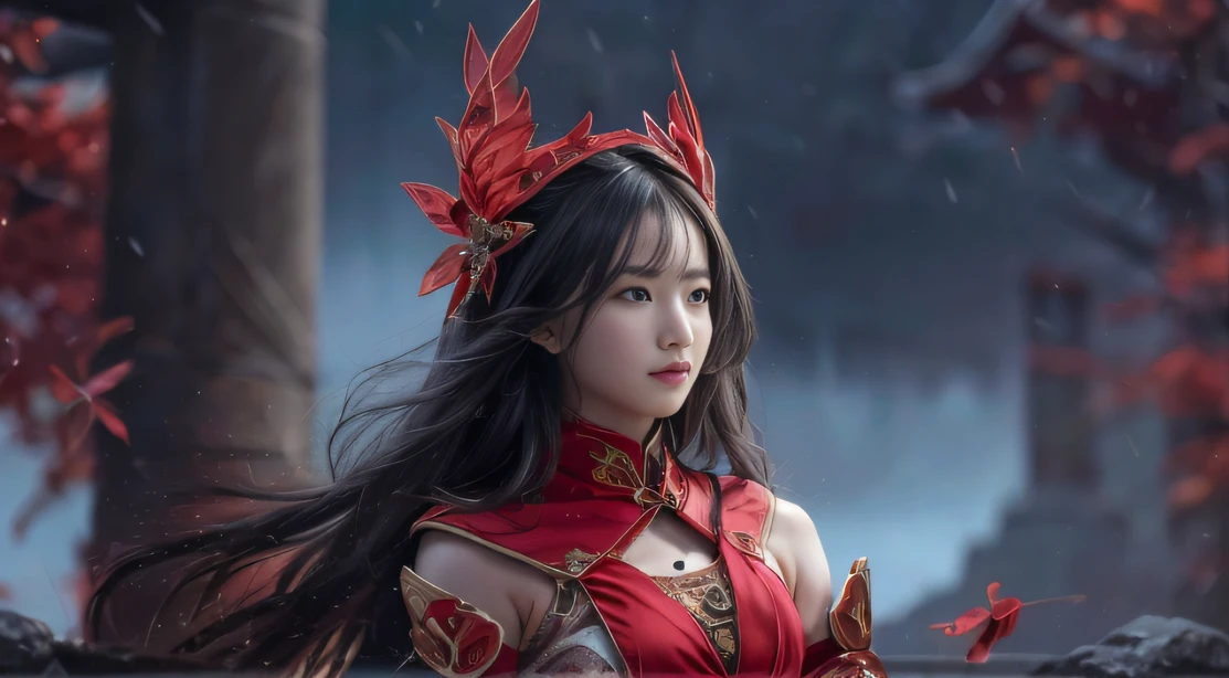 32K,复杂,ellegance,highly detailed,A majestic,Digital photography,Autumn cowboy shot,surrealism painting,Broken rubies,Beating magic,Entwined water magic,(tmasterpiece,Cinematic light,Fine beautiful eyes:1.2),hdr,Void 5 Energy Storm,(China 1 girl,Black eyes:1.5),paleskin,Glowing skin,(sitting on the stone:1.5),delicated face,Black color hair,Wearing palatial red armor,cropped shoulders,nabel,short skirt,Beautiful light blue armor,Rained,big breasts beautiful,looking at viewert,Face away from the camera,tmasterpiece,Side upper body,Side portrait close-up