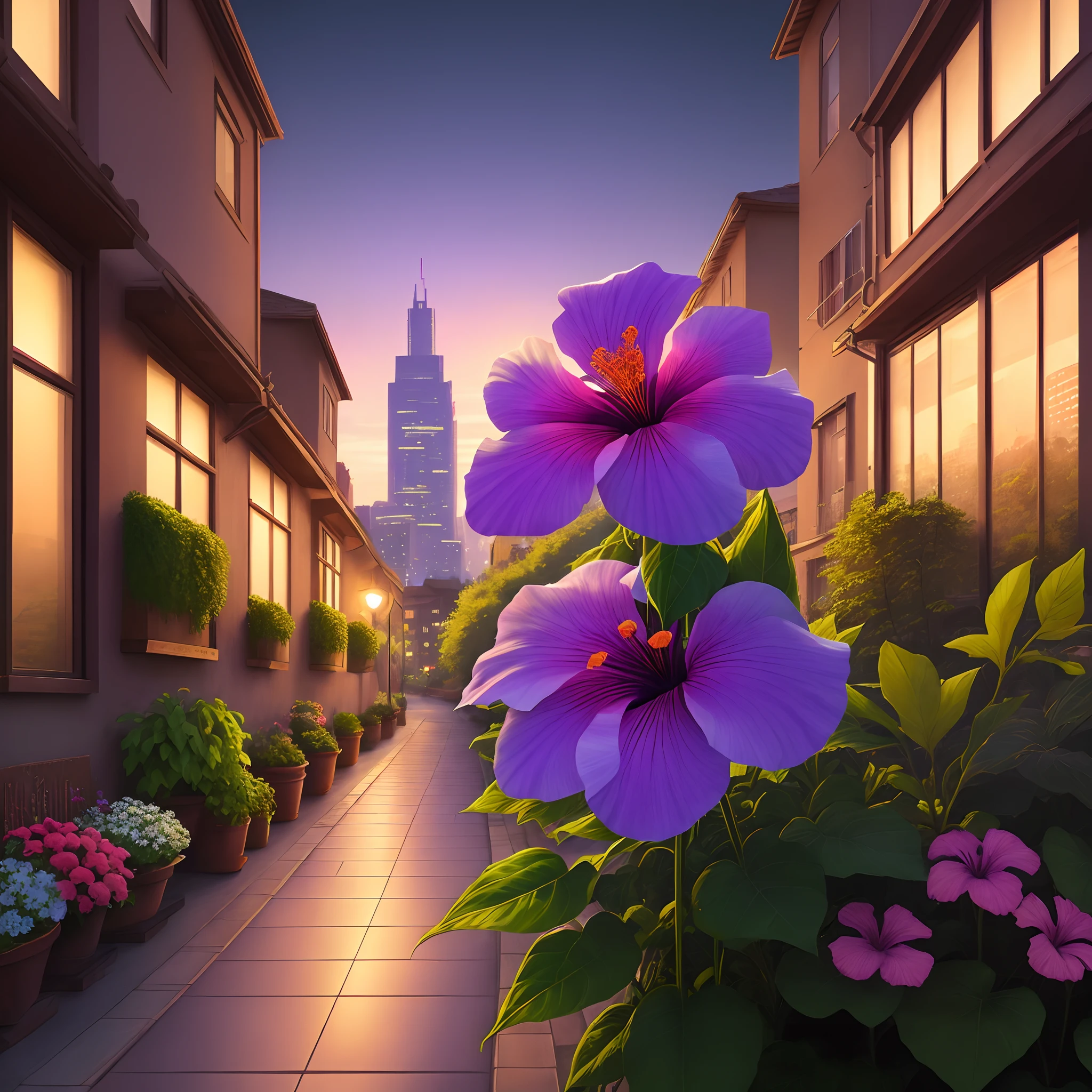 A large purple hibiscus flower，Evening city background