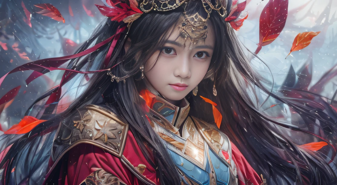 Fantasy Brunette Fairy Tale 32K，复杂，ellegance，highly  detailed，A majestic，Digital photography，Top cinema lenses，surrealism painting，Broken rubies，Beating magic，Entwined water magic，（tmasterpiece，Cinematic light，Fine beautiful eyes：1.2），hdr，Void 5 Energy Storm，(China 1 girl，Black eyes:1.5），Rouge skin，Glowing skin，(sitting on the stone：1.5），delicated face，Black color hair，Wearing palatial red armor，cropped shoulders，The legend of the fantasy fairy，long  skirt，Beautiful platinum armor，Rained，big breasts beautiful，looking at viewert，Face away from the camera，tmasterpiece，Side upper body,Side portrait close-up
Wait for it to start