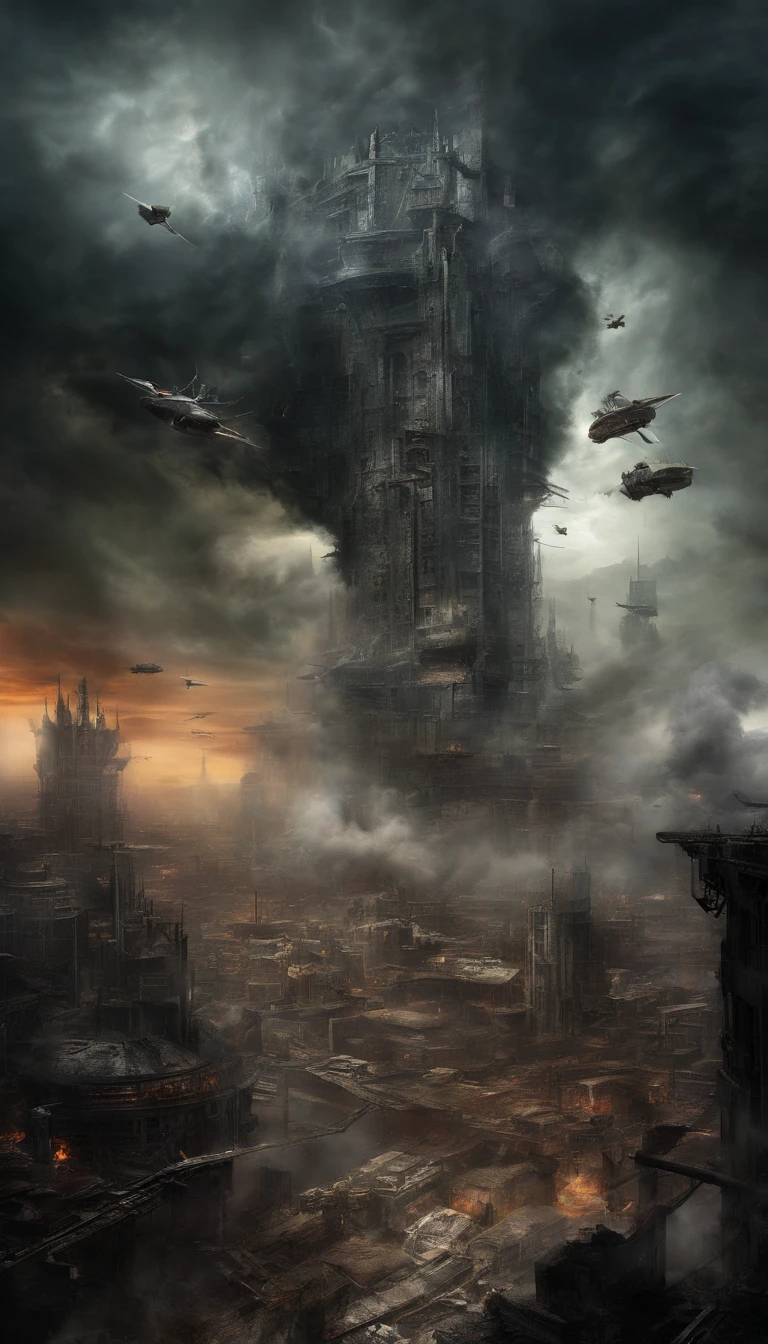 (sci-fi art:1.5), sci-fi postapocalyptic world, (a flying city:1.7), a white flying castle is located on it, (huge mechanisms spew clouds of smoke:1.3), panoramic view, clouds of smoke, storm clouds, (masterpiece), (vivid colors:1.6)